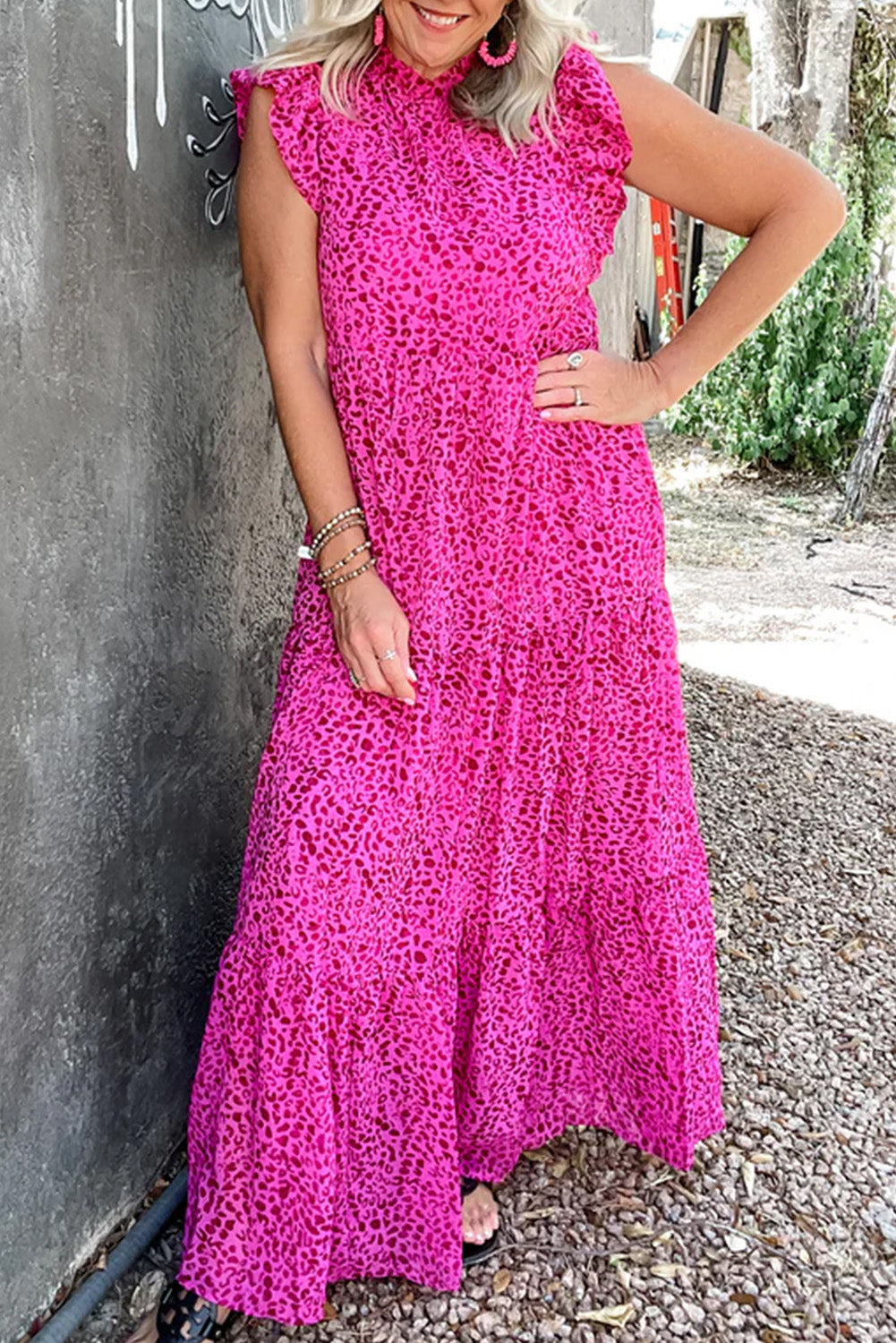 Rose Red Leopard Print Ruffle Sleeveless Maxi Dress - Sluxe Fashions