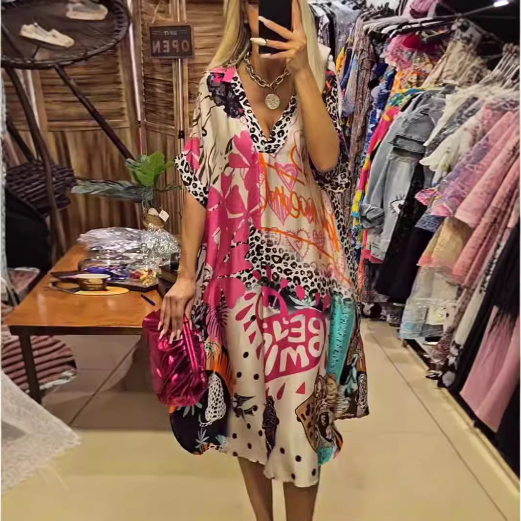 Color Printing Deep V Dress Women - Sluxe Global