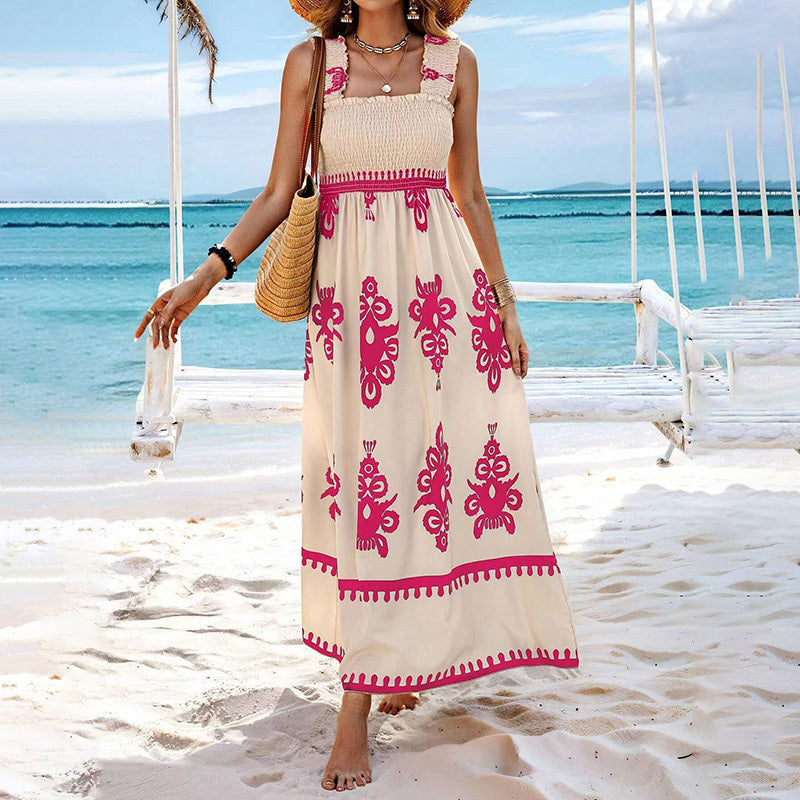 Women's Wide Strap Printed Maxi Dress With Bust Pleats, A-Line Vacation Dress - Sluxe Global