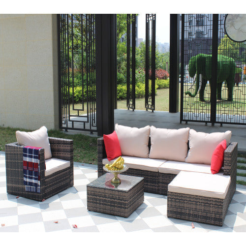 Rattan Patio Furniture Set Wicker Sofa Cushioned Sectional Furniture Set Garden Patio Sofa Set 4 Pieces, Brown - Sluxe Global