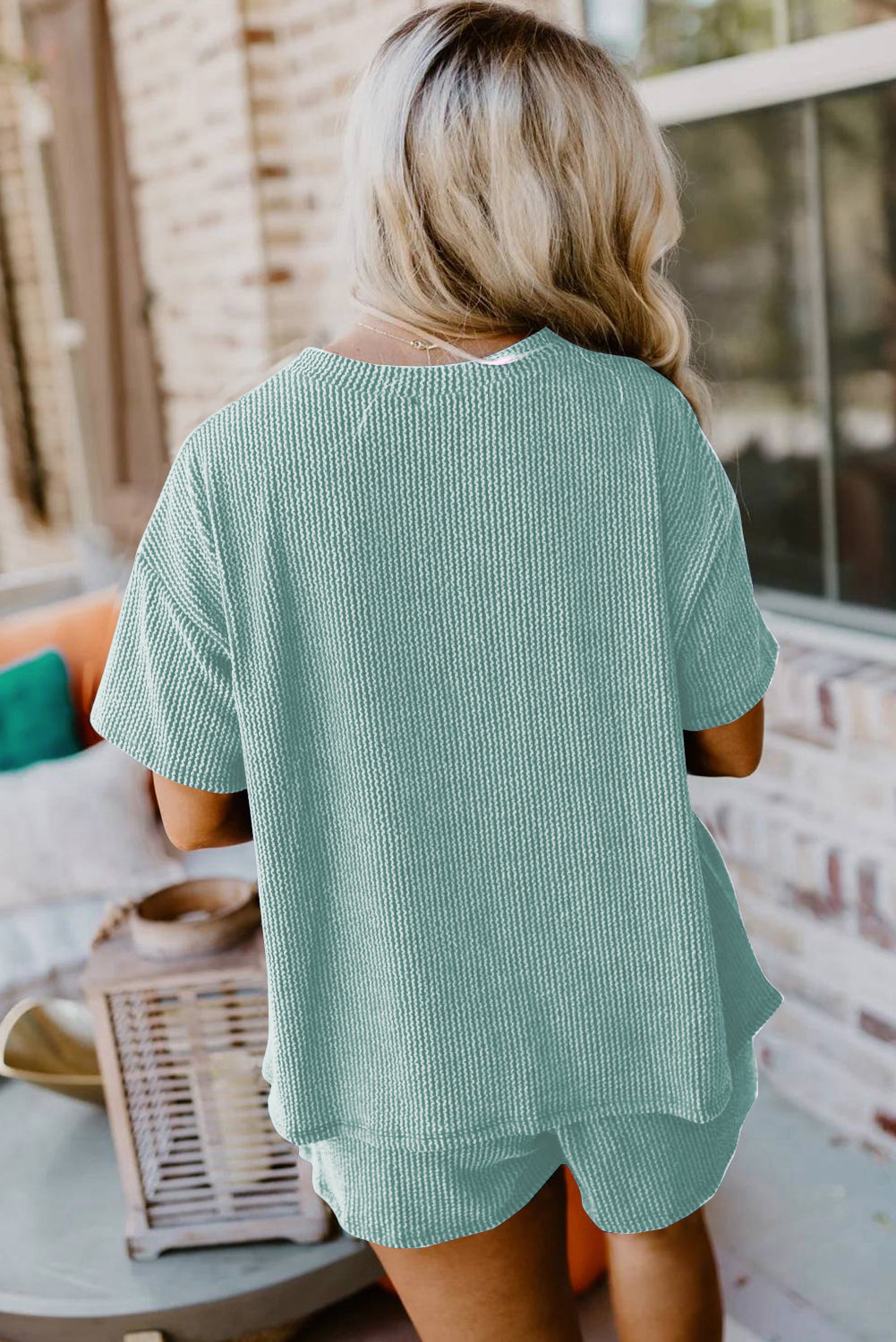 Orange Ribbed Textured Loose Fit Tee & Shorts Set - Sluxe Fashions