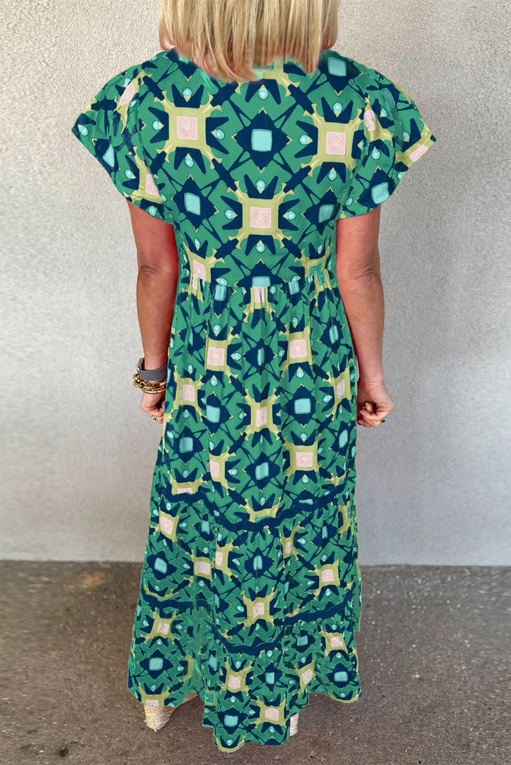 Sea Green Abstract Print Pleated Flounce Sleeve Maxi Dress - Sluxe Fashions