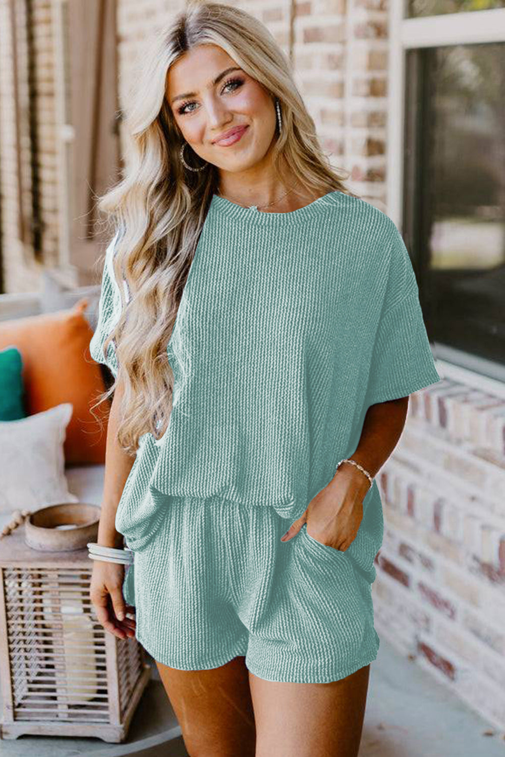 Orange Ribbed Textured Loose Fit Tee & Shorts Set - Sluxe Fashions