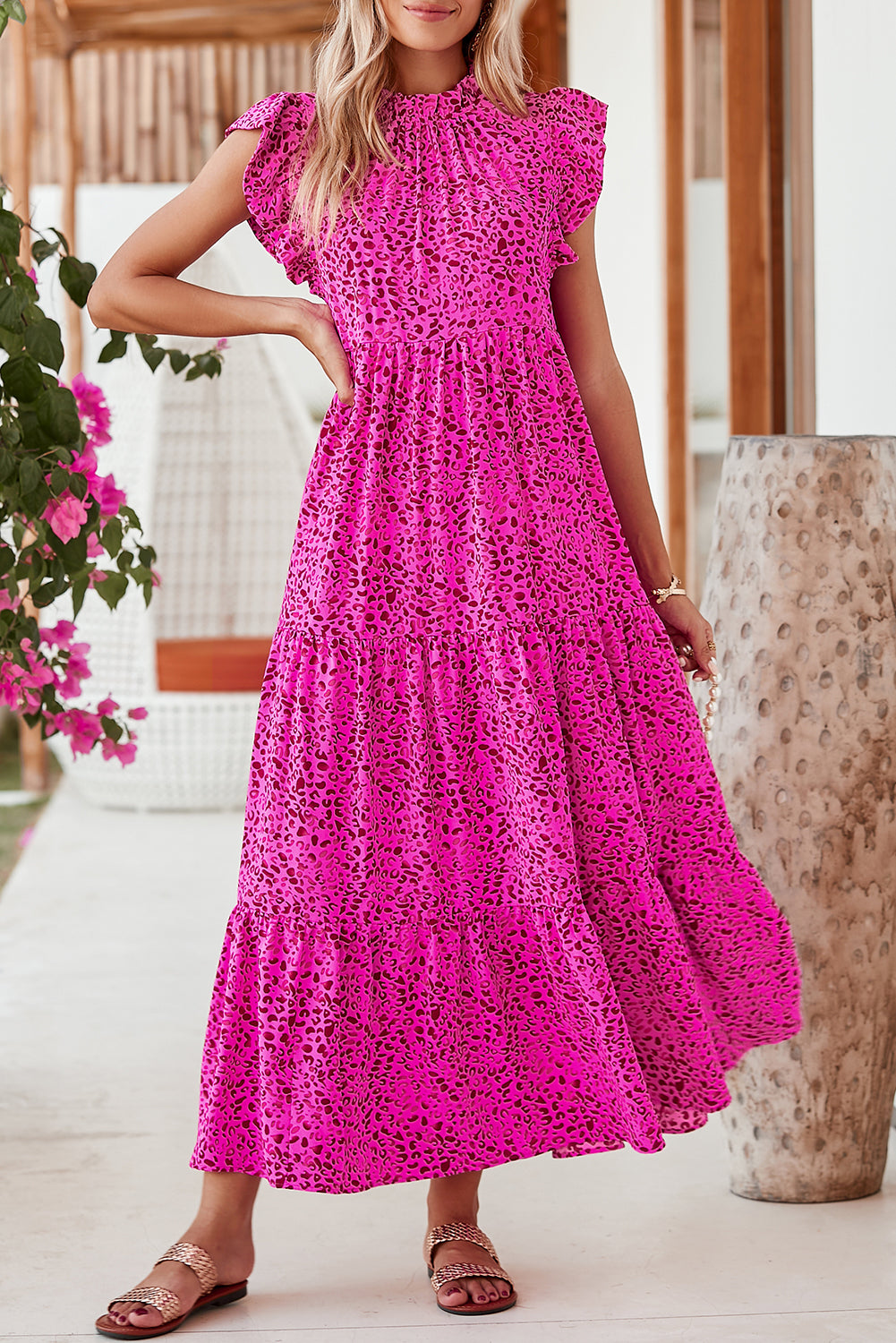 Rose Red Leopard Print Ruffle Sleeveless Maxi Dress - Sluxe Fashions