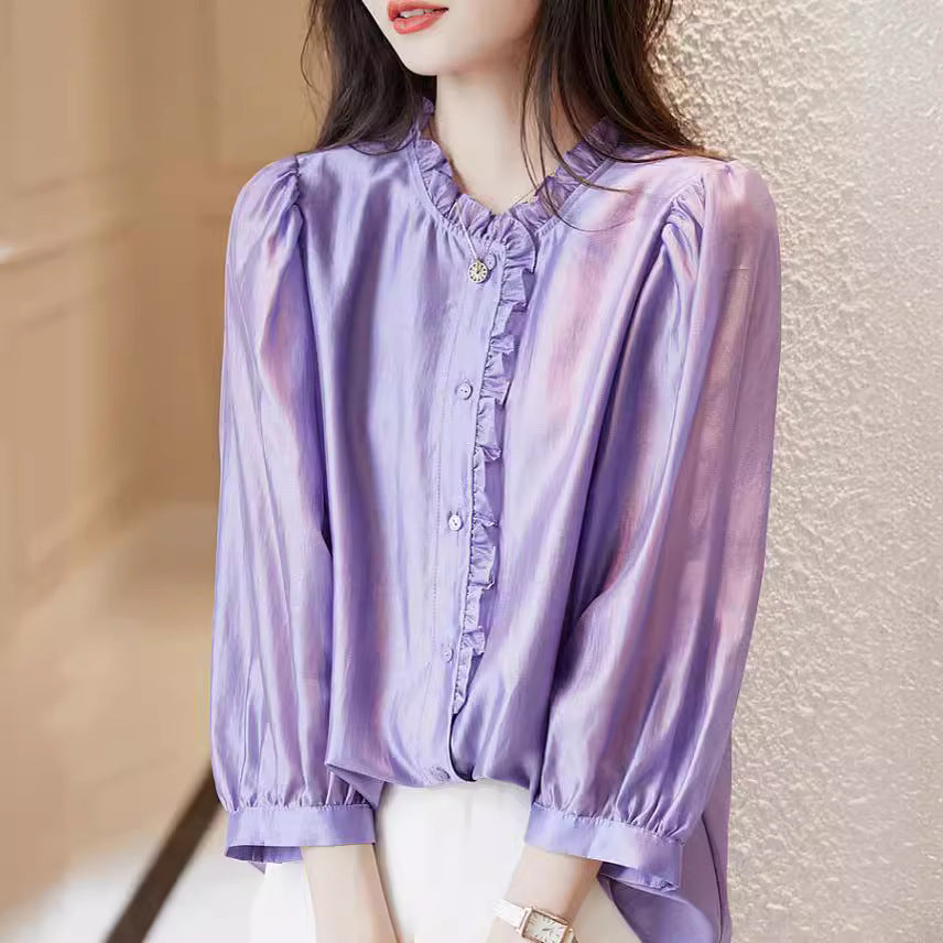 Nine-quarter Sleeve Shirt Women's Puff Sleeve Thin Solid Color Top - Sluxe Global