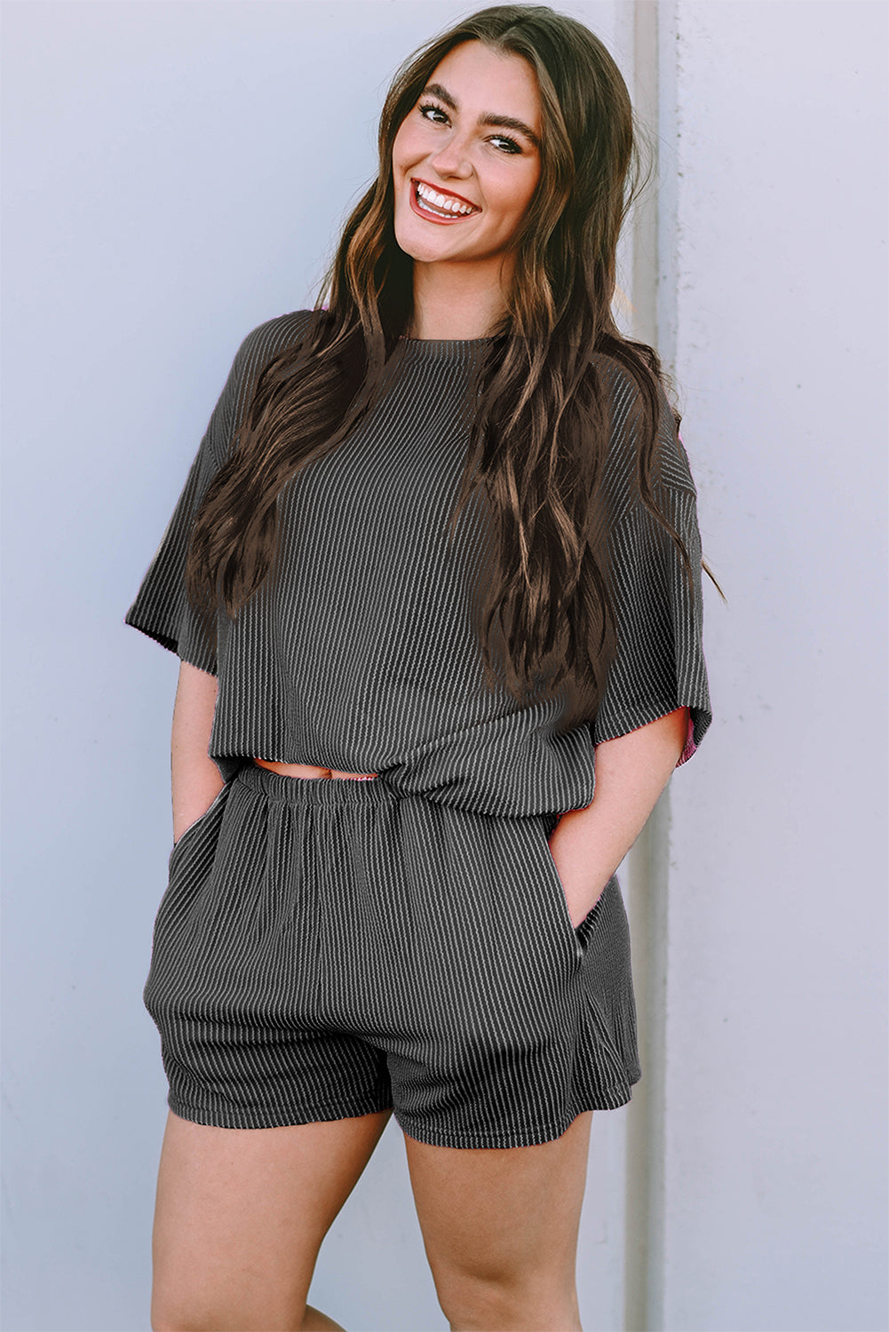 Orange Ribbed Textured Loose Fit Tee & Shorts Set - Sluxe Fashions