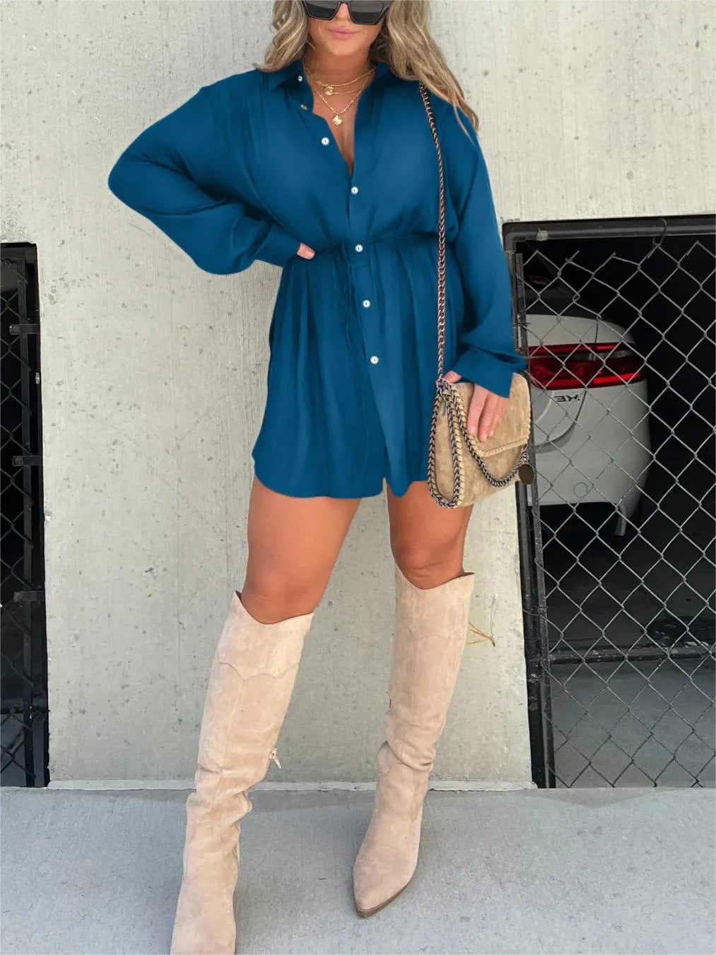Women's Long Sleeve Jumpsuit With Button Fashion Shirt Dress - Sluxe Fashions