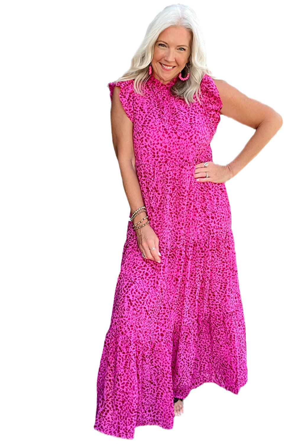 Rose Red Leopard Print Ruffle Sleeveless Maxi Dress - Sluxe Fashions