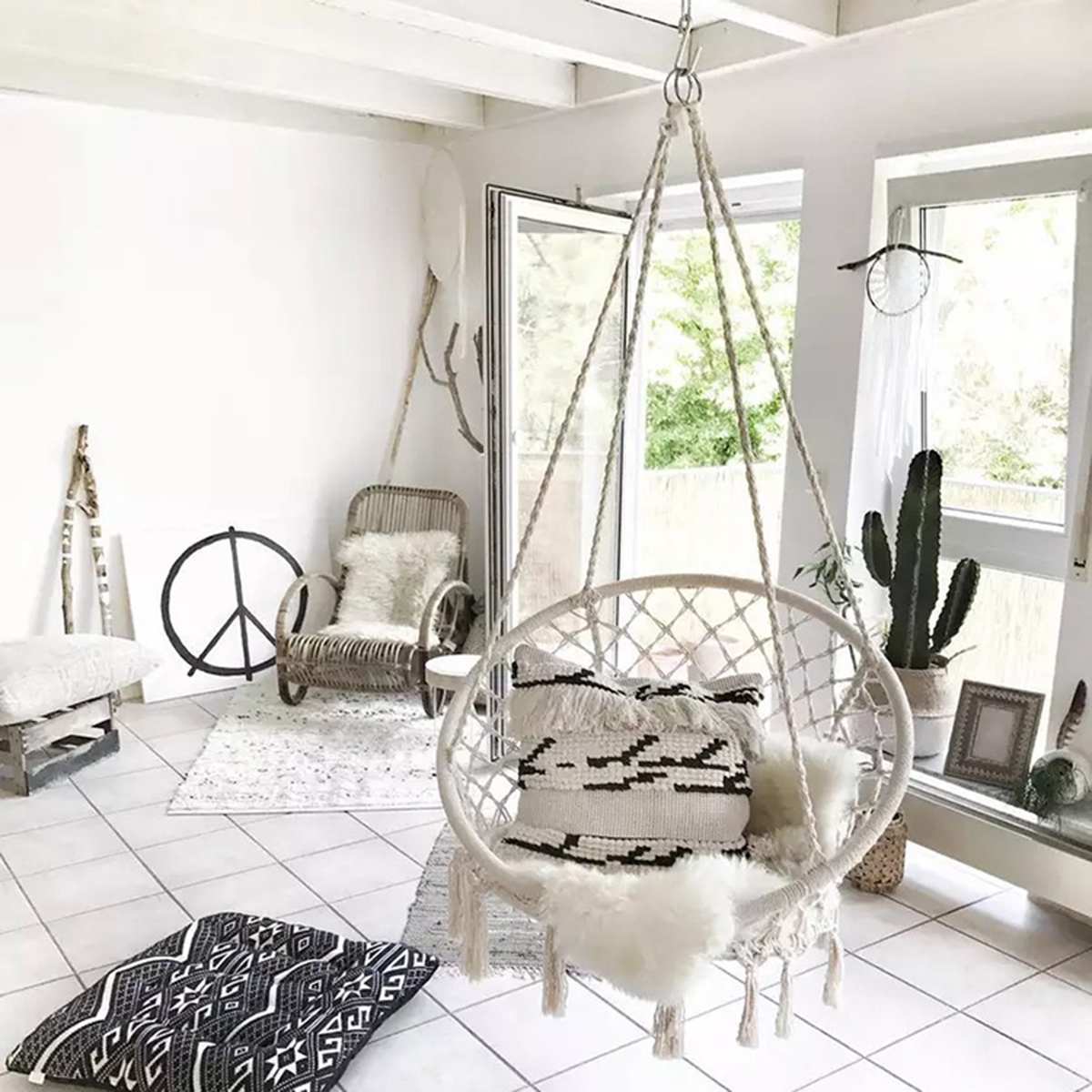 Nordic Style Round Hammock Outdoor Indoor Dormitory Bedroom Hanging Chair For Child Adult Swinging Single Safety Hammock - Sluxe Global