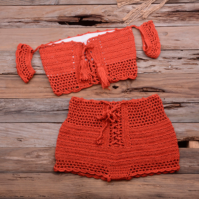 European and American hot style six-color beach bikini suit women's knitted swimwear crochet bohemian bra - Sluxe Fashions