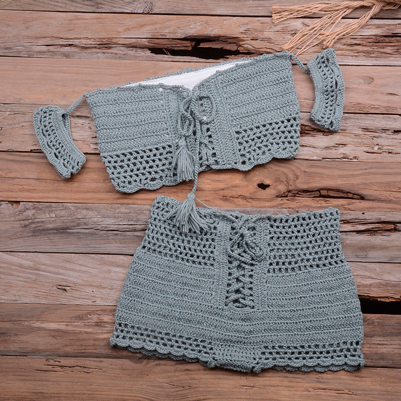 European and American hot style six-color beach bikini suit women's knitted swimwear crochet bohemian bra - Sluxe Fashions