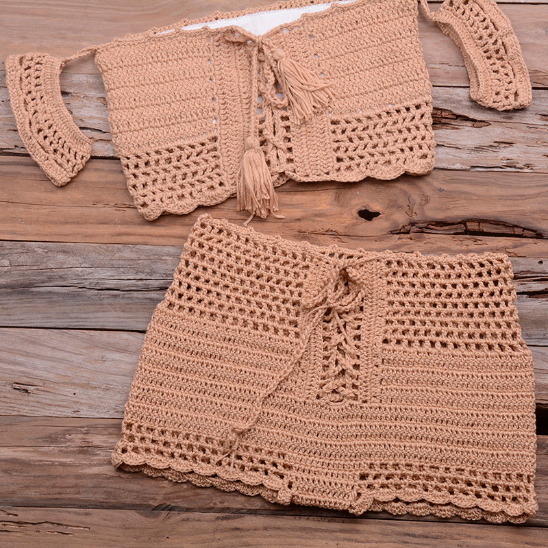 European and American hot style six-color beach bikini suit women's knitted swimwear crochet bohemian bra - Sluxe Fashions