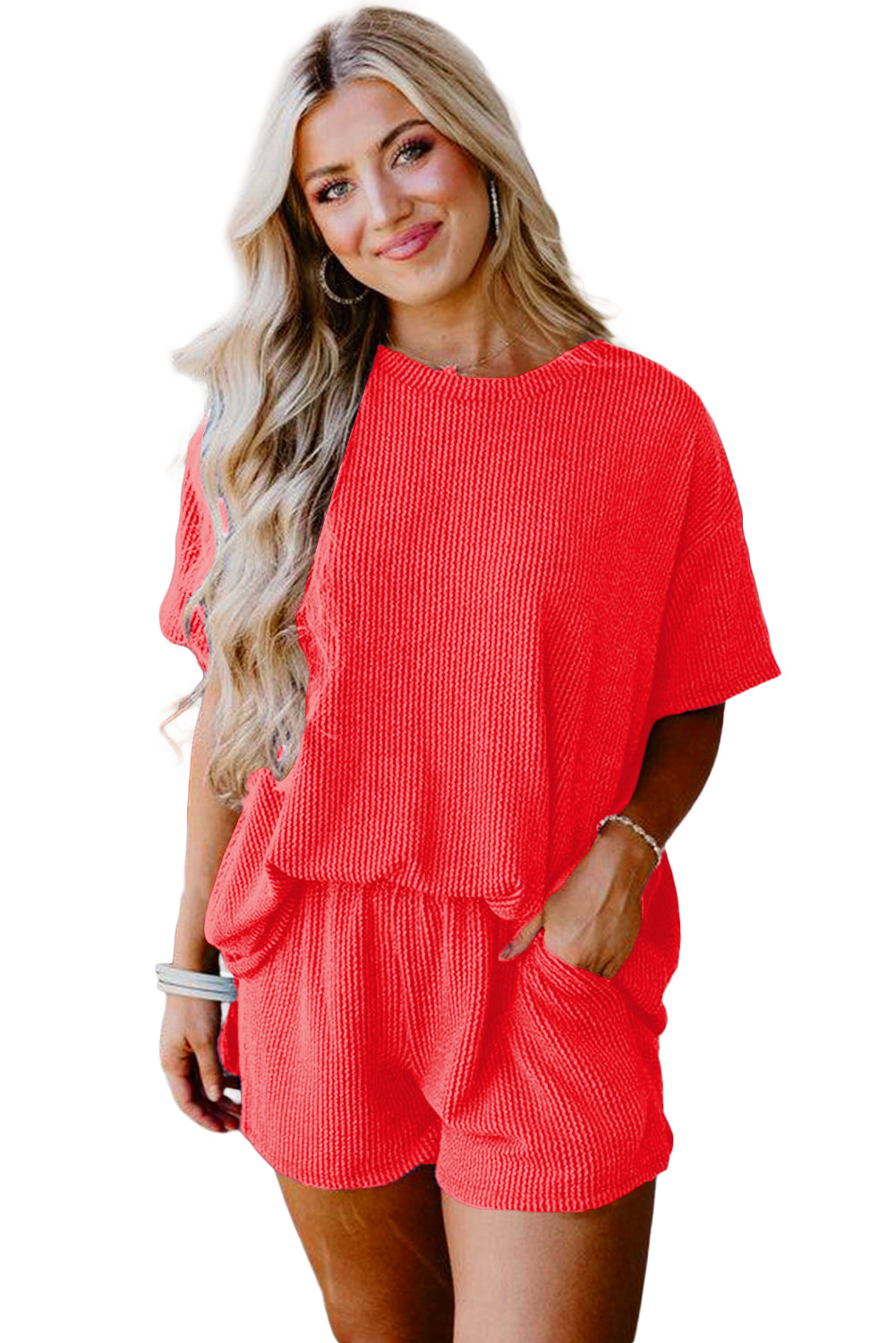 Orange Ribbed Textured Loose Fit Tee & Shorts Set - Sluxe Fashions