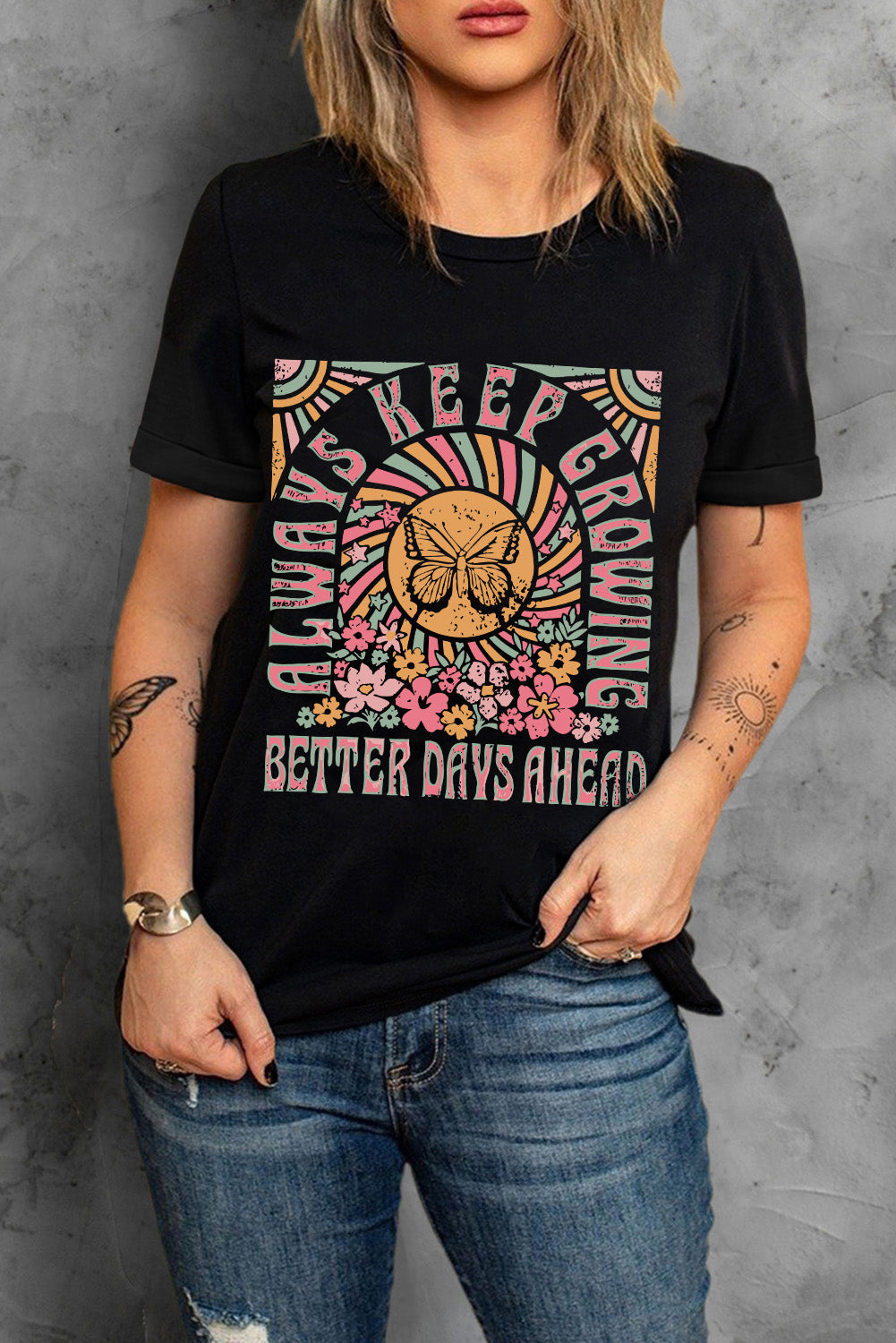 Black Always Keep Growing Butterfly Flower Graphic Tee - Sluxe Fashions