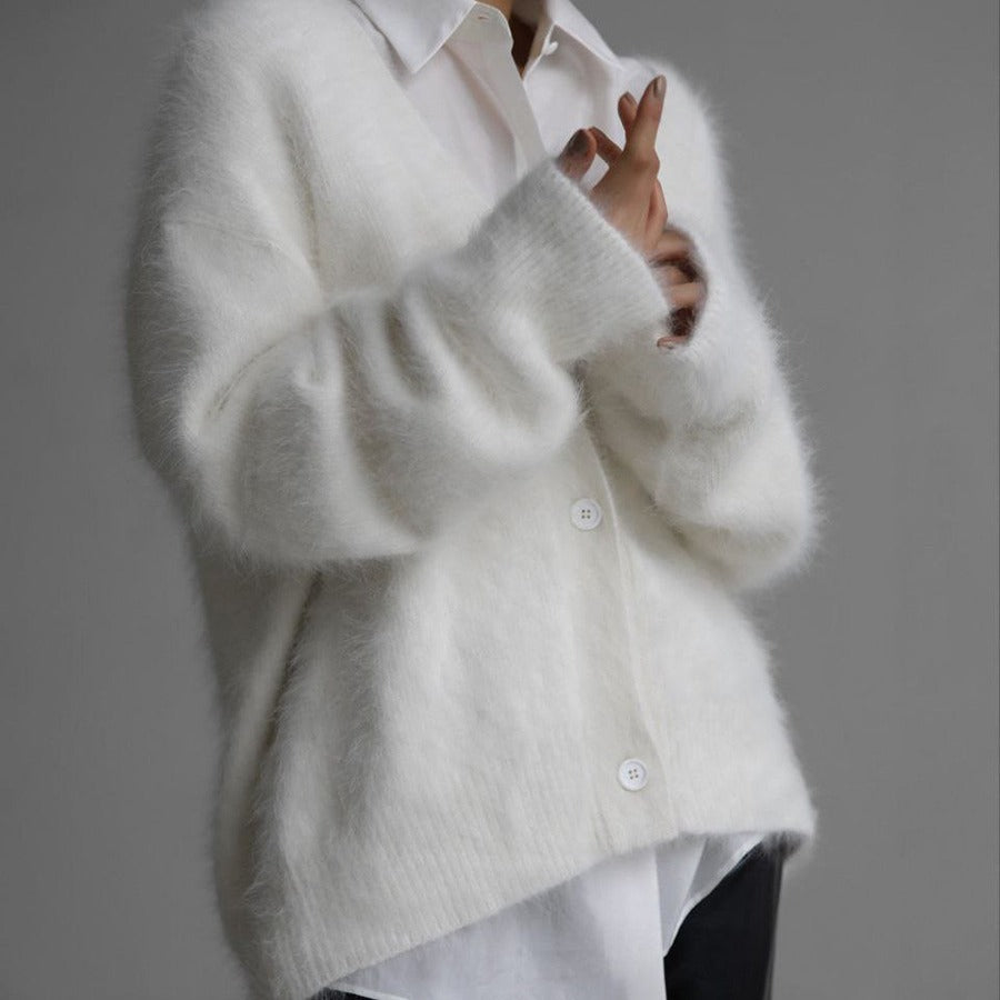 Loose V-neck Button Cardigan Fall Winter Fashion Single Breasted Knitted Sweater Top Women's Clothing - Sluxe Fashions