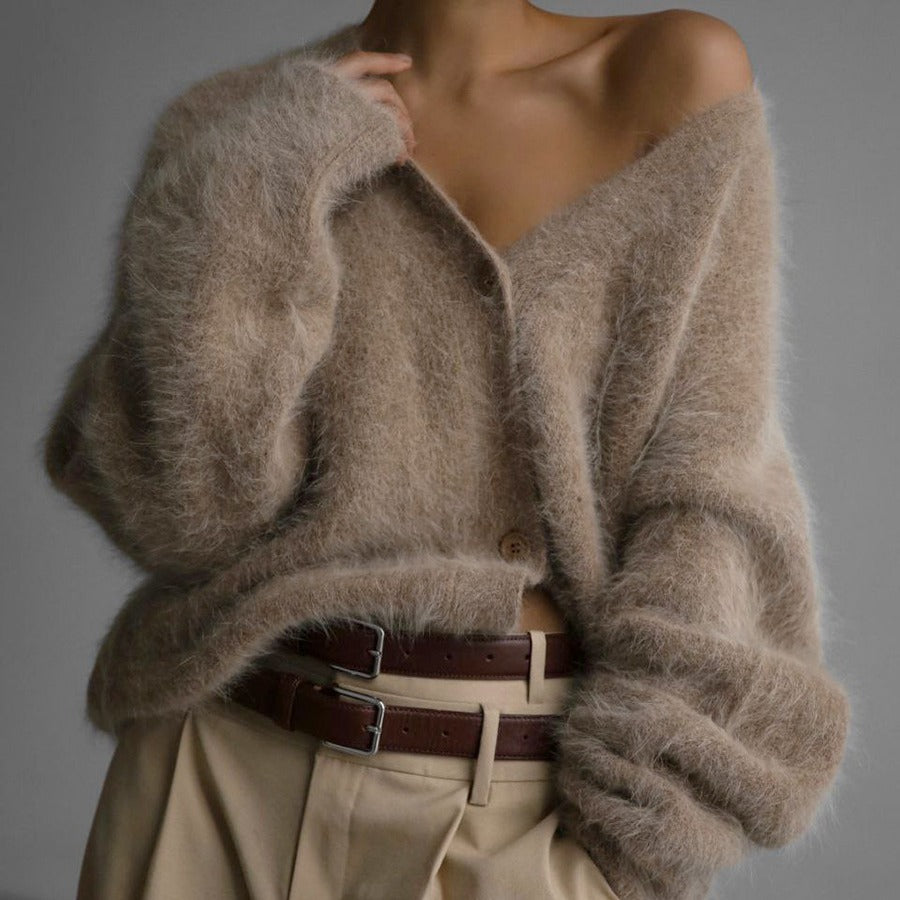 Loose V-neck Button Cardigan Fall Winter Fashion Single Breasted Knitted Sweater Top Women's Clothing - Sluxe Fashions