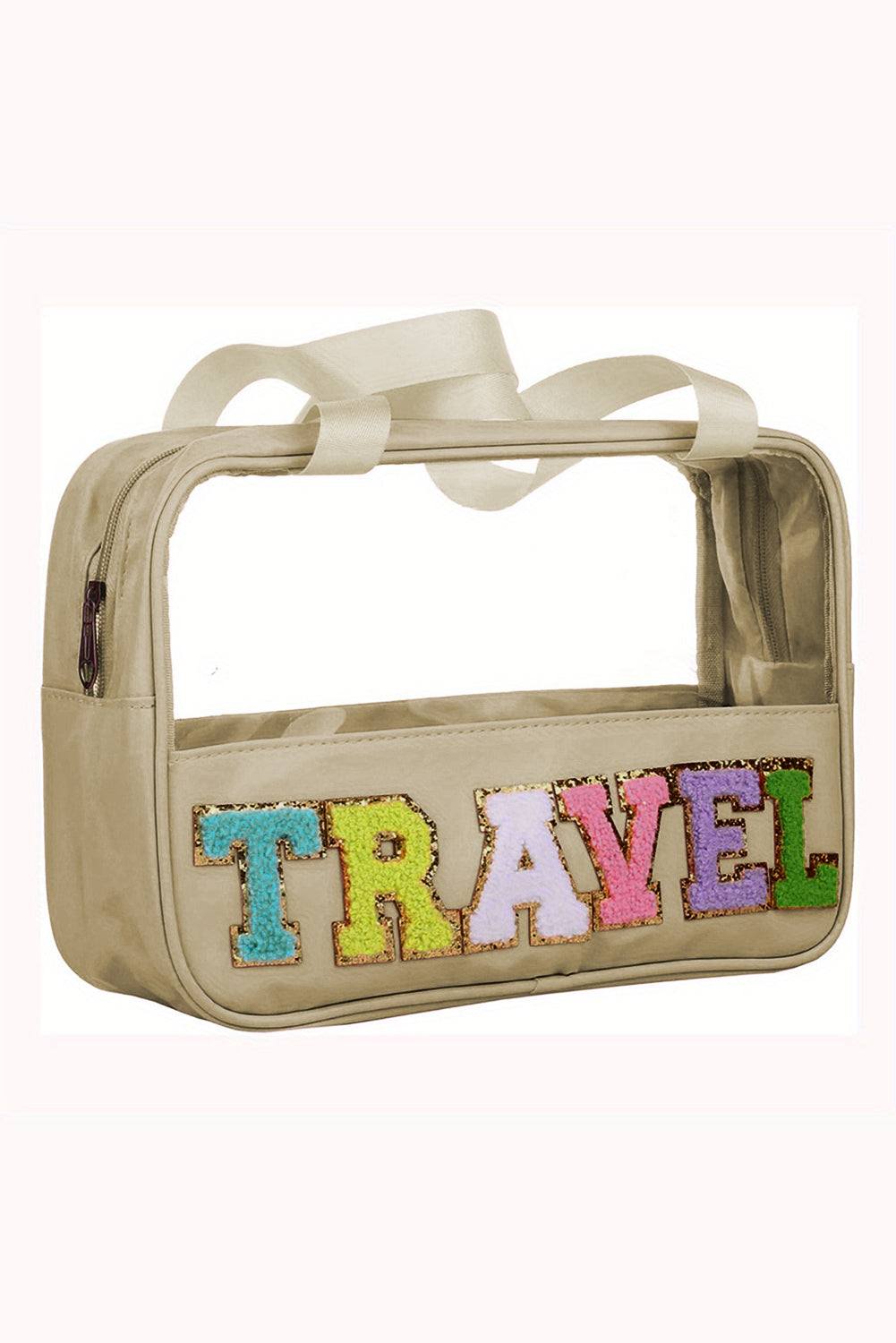 Black TRAVEL Chenille Letter Clear PVC Makeup Bag - Sluxe Fashions