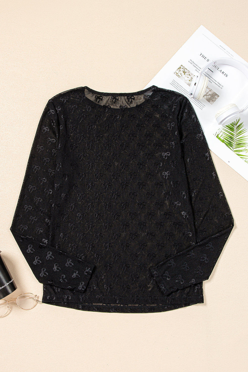 Pink Bow Pattern Long Sleeve Slim Fit Mesh Top - Sluxe Fashions
