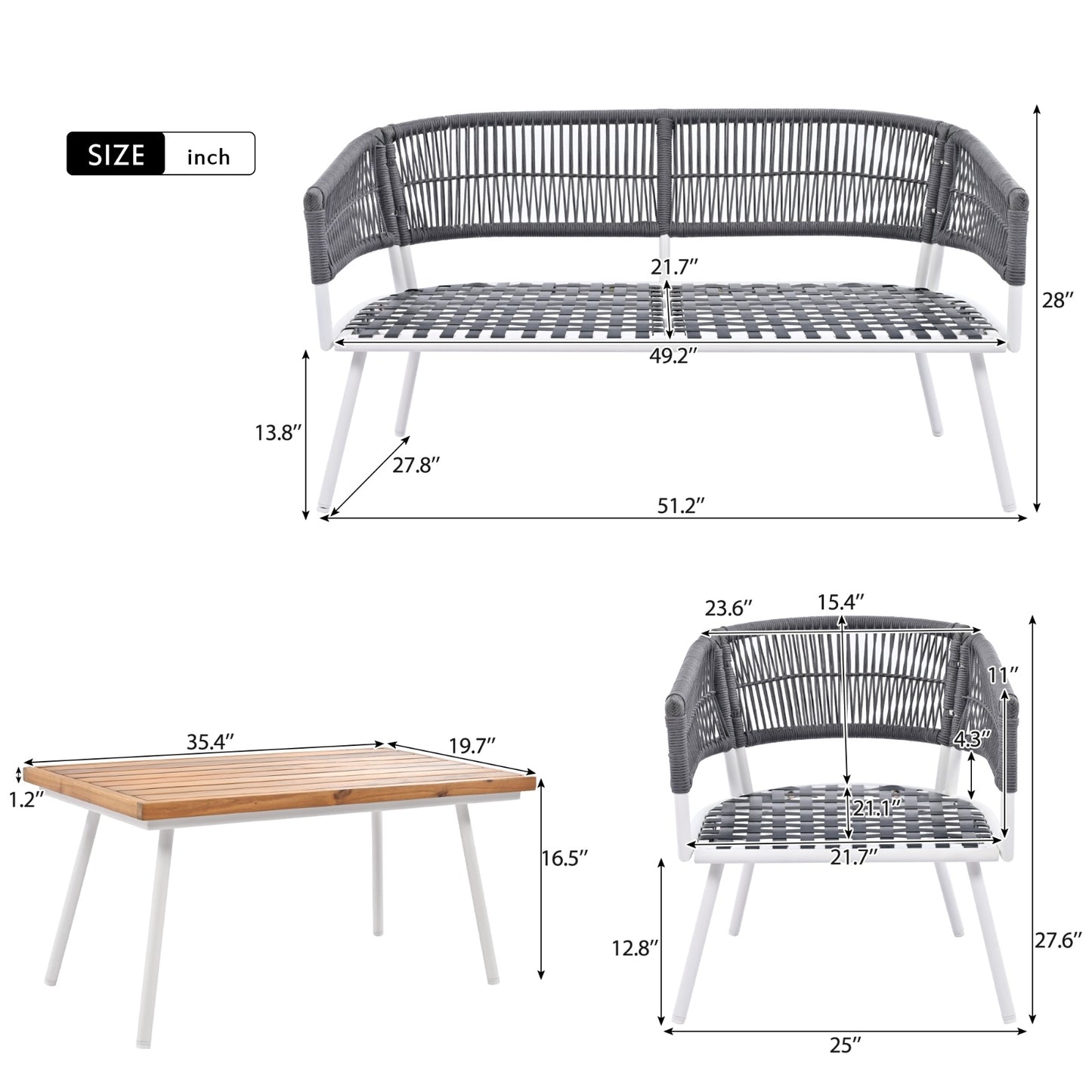 K&K 4-Piece Boho Rope Patio Furniture Set, Outdoor Furniture With Acacia Wood Table, Patio Conversat - Sluxe Global