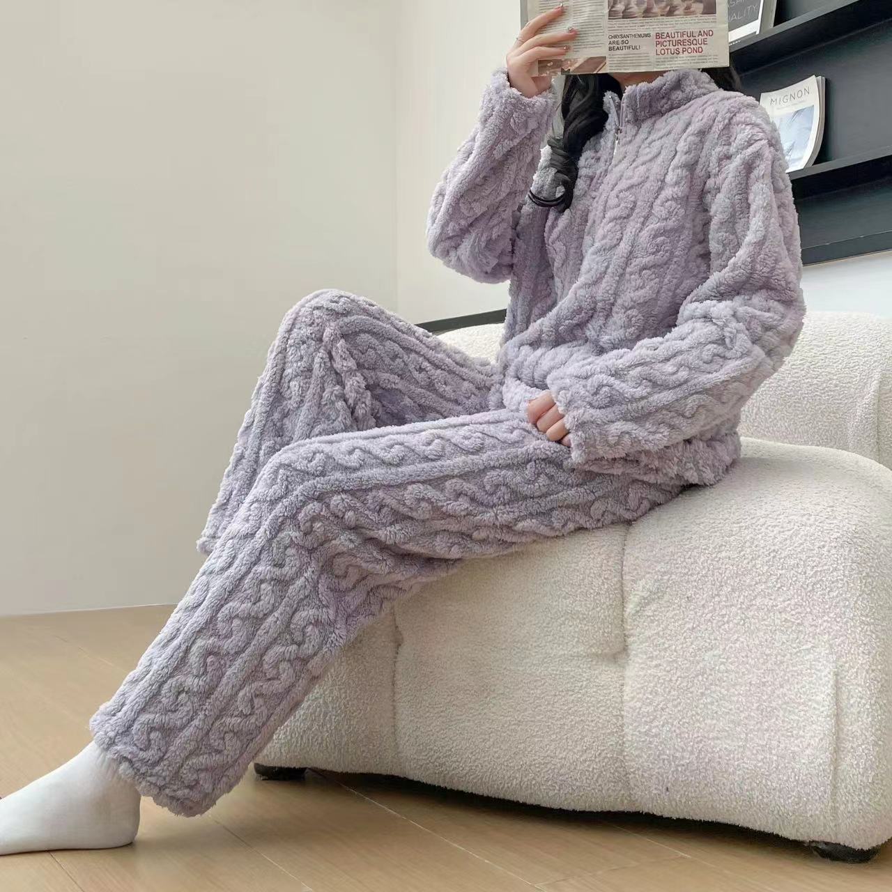 Autumn And Winter New Twist Zipper Couple Fleece-lined Thick Coral Fleece Pajamas Homewear Loungewear Sleepwear For Sleeping - Sluxe Fashions