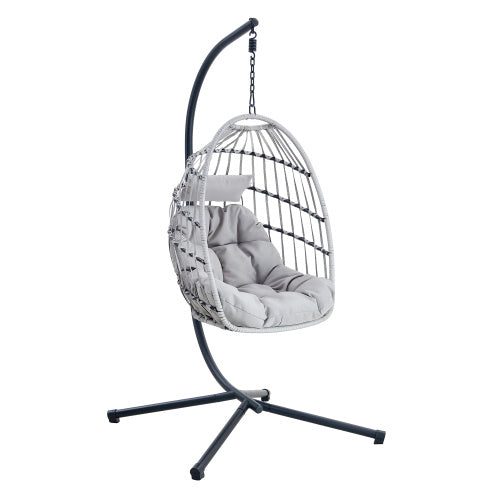 GRHeavy-Duty Iron Hanging Chair With Wicker Weave Single Person Swing For Indoor Outdoor Gray - Sluxe Global