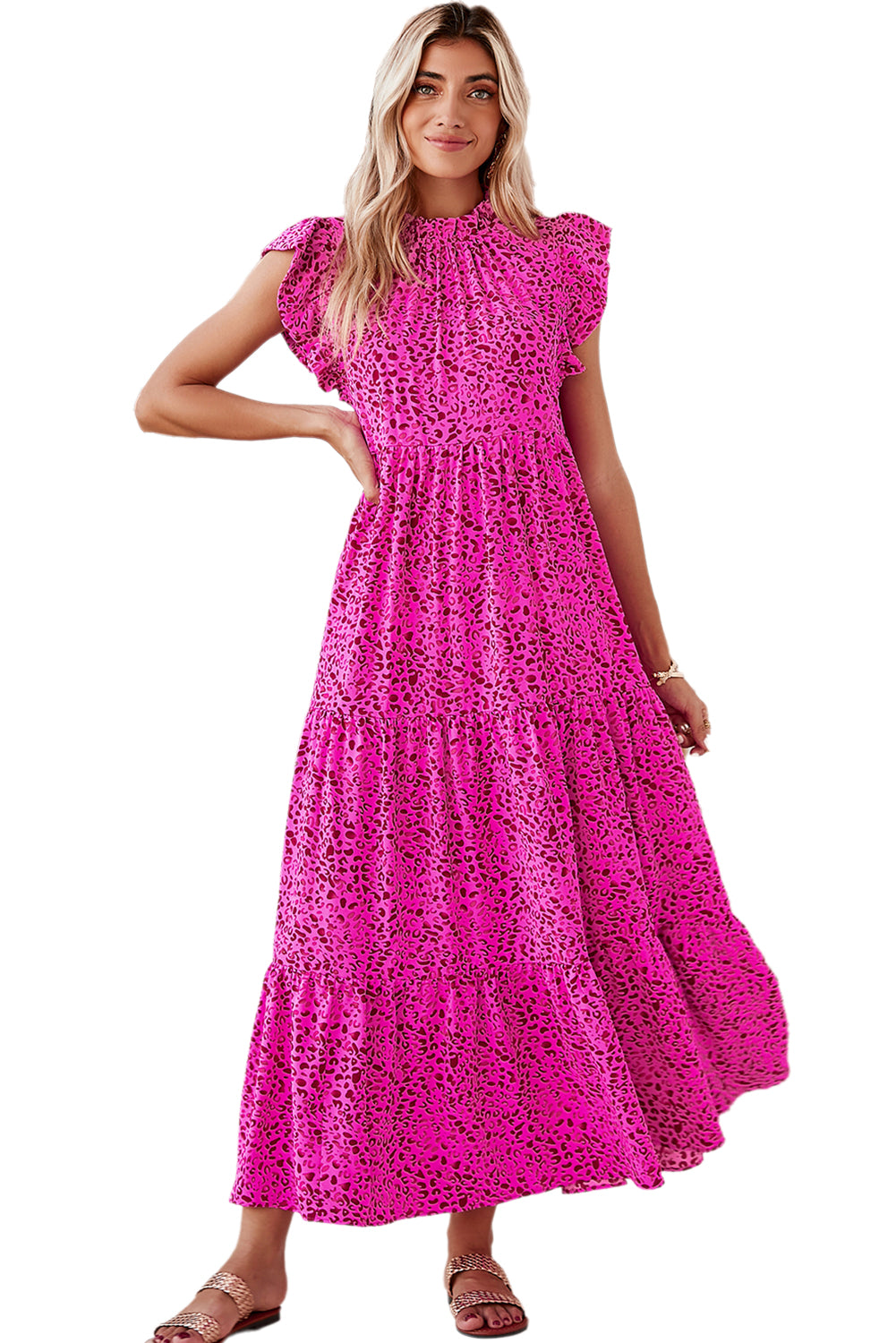 Rose Red Leopard Print Ruffle Sleeveless Maxi Dress - Sluxe Fashions