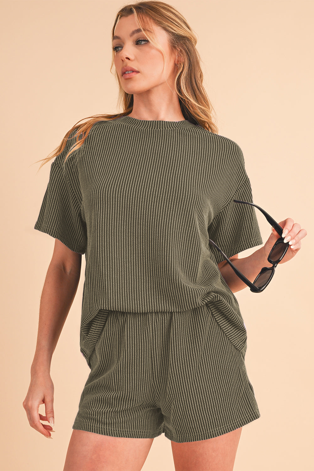 Orange Ribbed Textured Loose Fit Tee & Shorts Set - Sluxe Fashions
