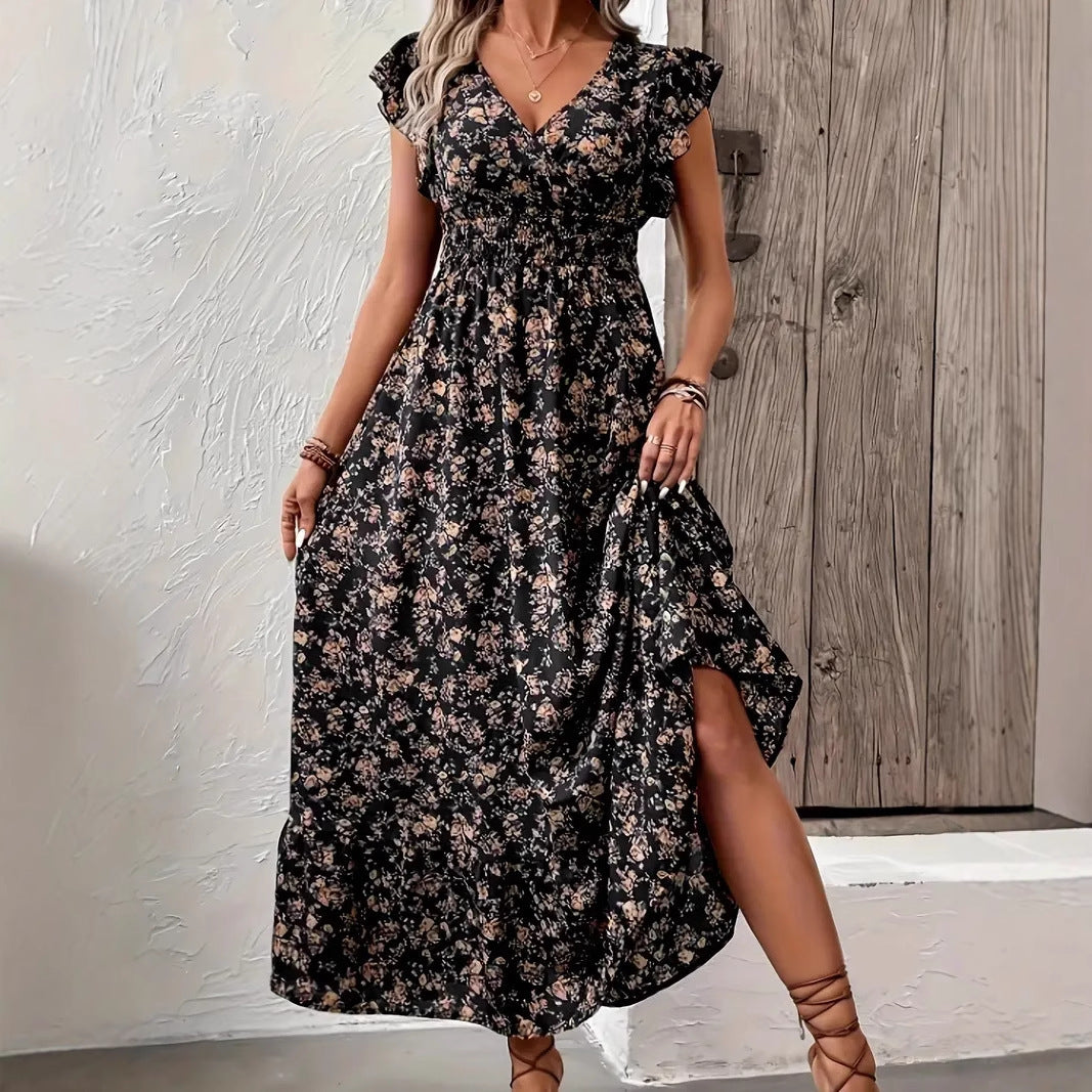 Fashion Floral Long Sleeve Waist Swing Dress - Sluxe Global