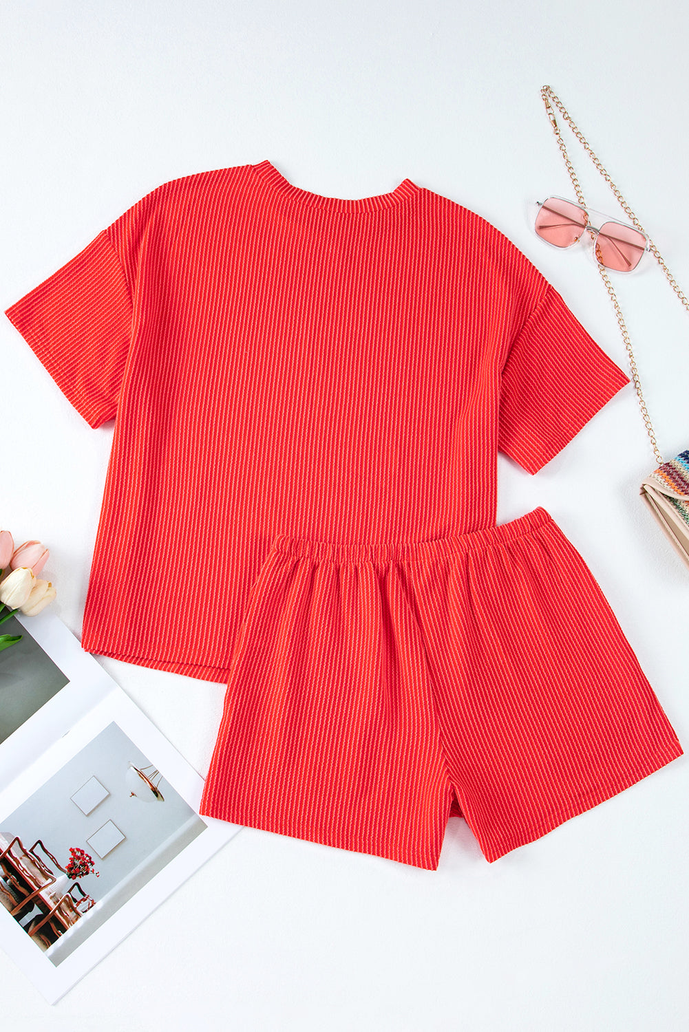Orange Ribbed Textured Loose Fit Tee & Shorts Set - Sluxe Fashions