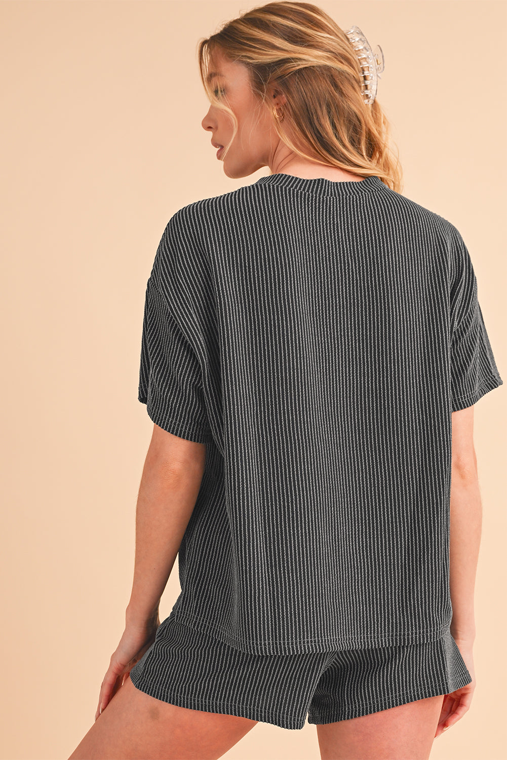 Orange Ribbed Textured Loose Fit Tee & Shorts Set - Sluxe Fashions