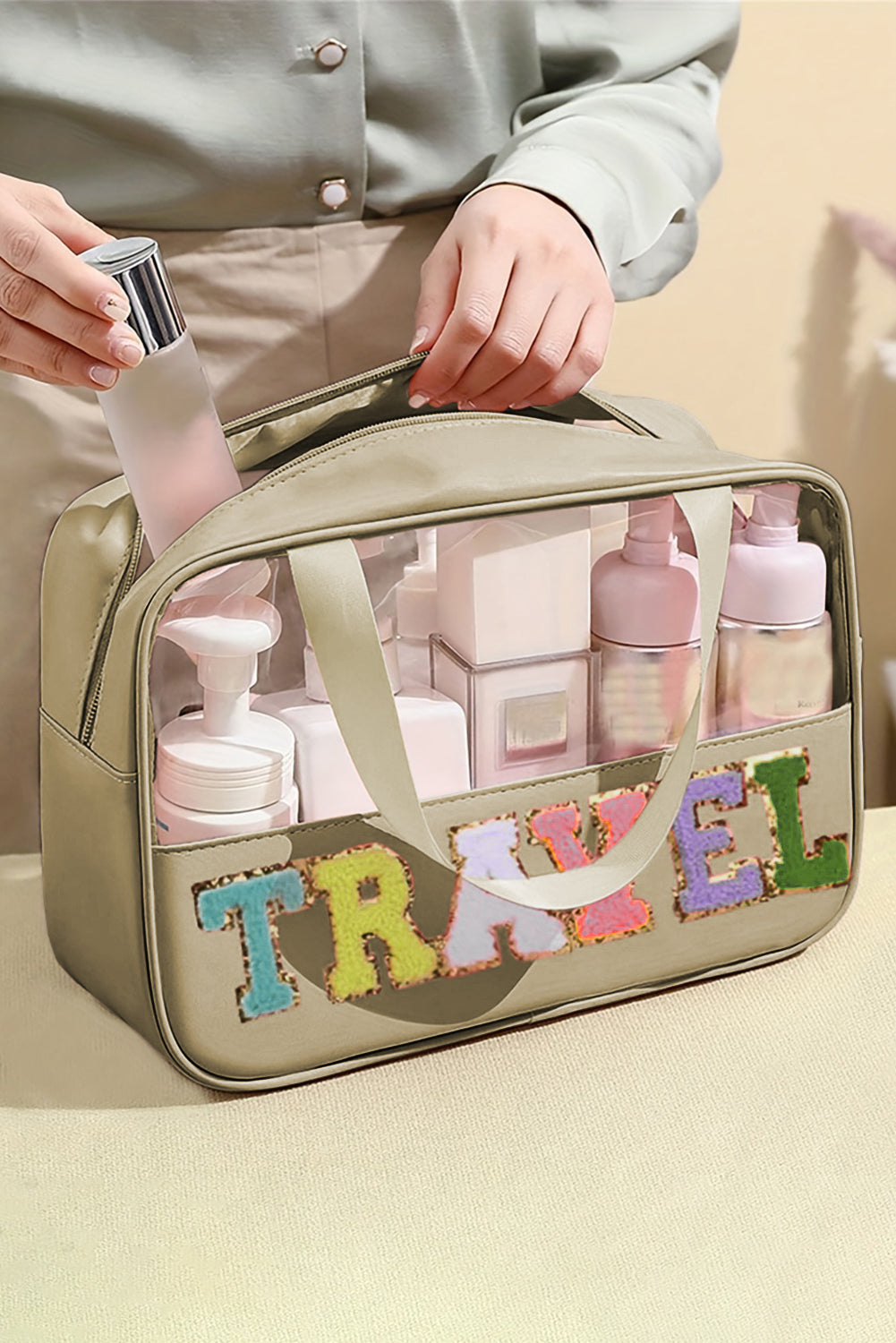 Black TRAVEL Chenille Letter Clear PVC Makeup Bag - Sluxe Fashions