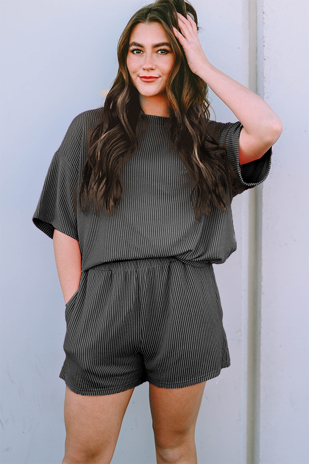 Orange Ribbed Textured Loose Fit Tee & Shorts Set - Sluxe Fashions