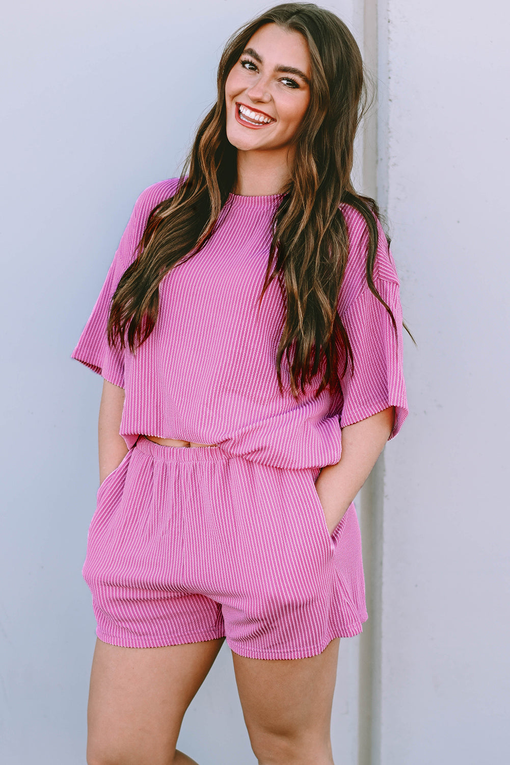 Orange Ribbed Textured Loose Fit Tee & Shorts Set - Sluxe Fashions