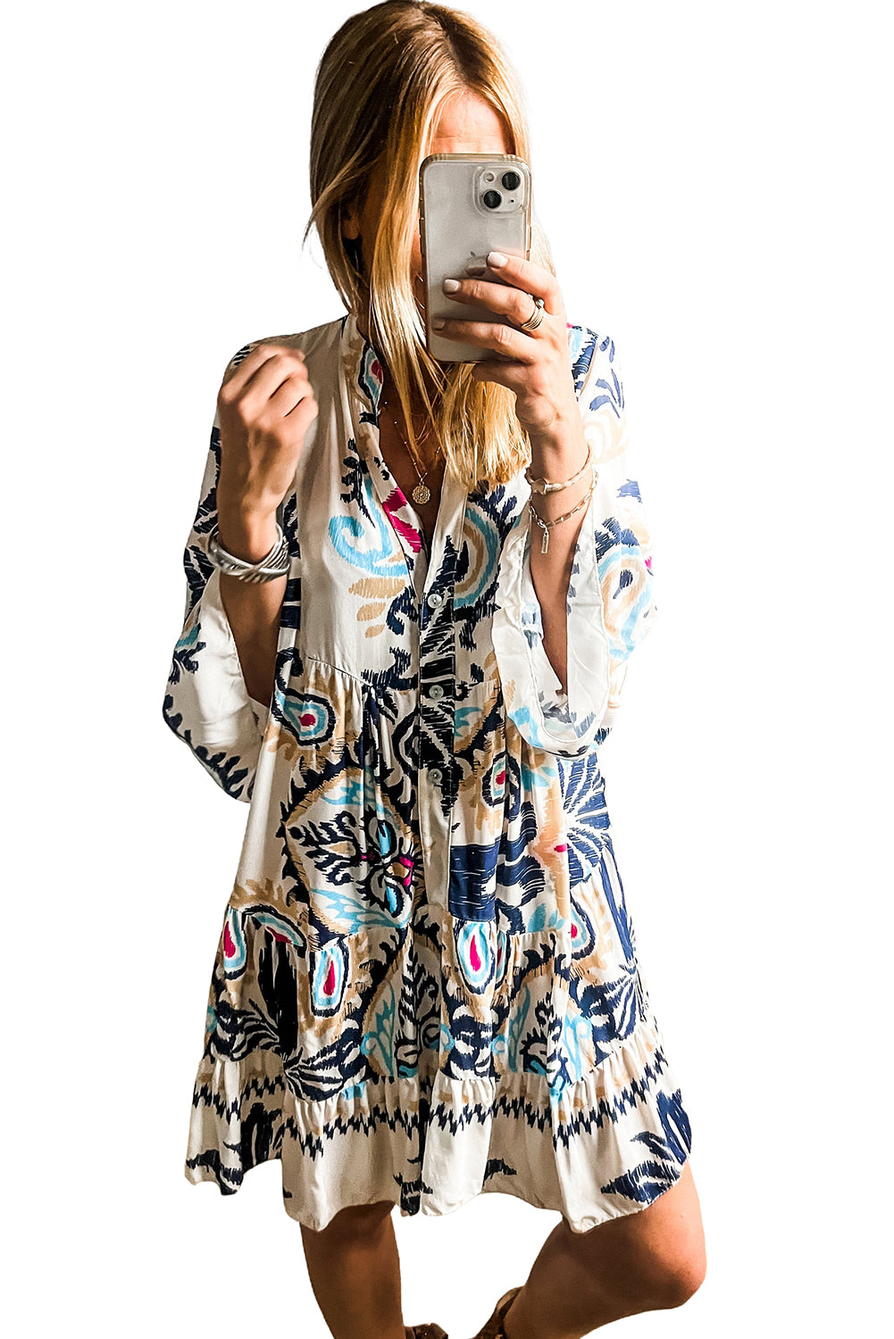 White Ethnic Print Boho Button Tiered Mini Dress - Sluxe Fashions