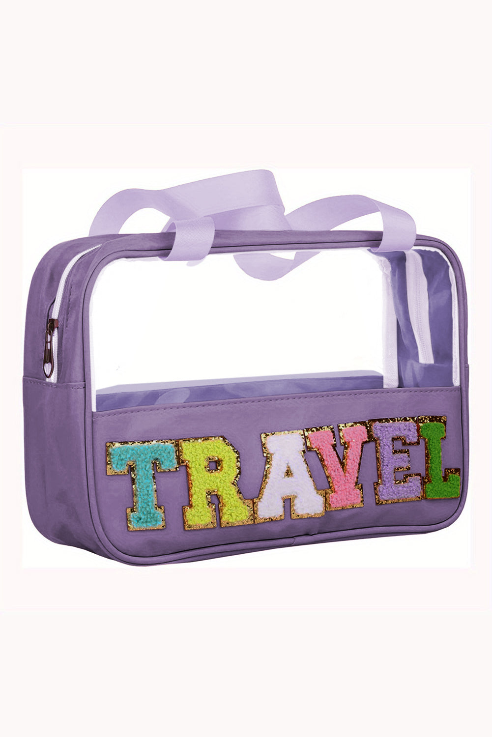 Black TRAVEL Chenille Letter Clear PVC Makeup Bag - Sluxe Fashions