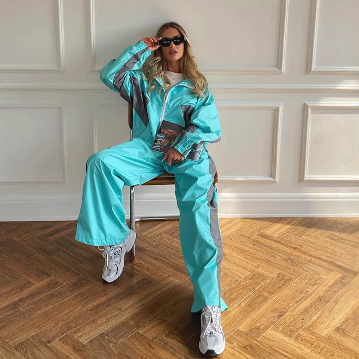 Casual Loose Color Matching Long Sleeve Zipper Cardigan Sports Suit - Sluxe Global