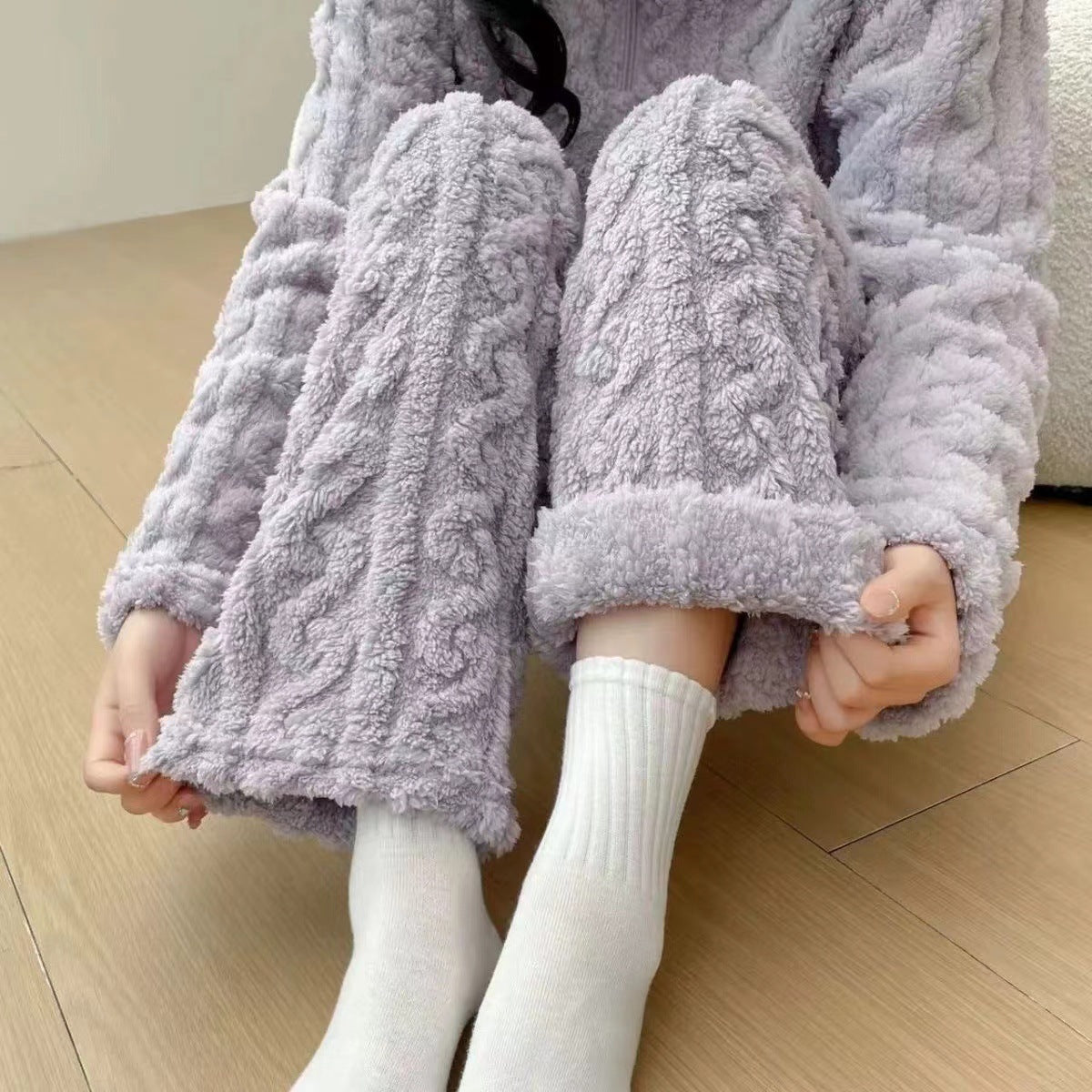 Autumn And Winter New Twist Zipper Couple Fleece-lined Thick Coral Fleece Pajamas Homewear Loungewear Sleepwear For Sleeping - Sluxe Fashions