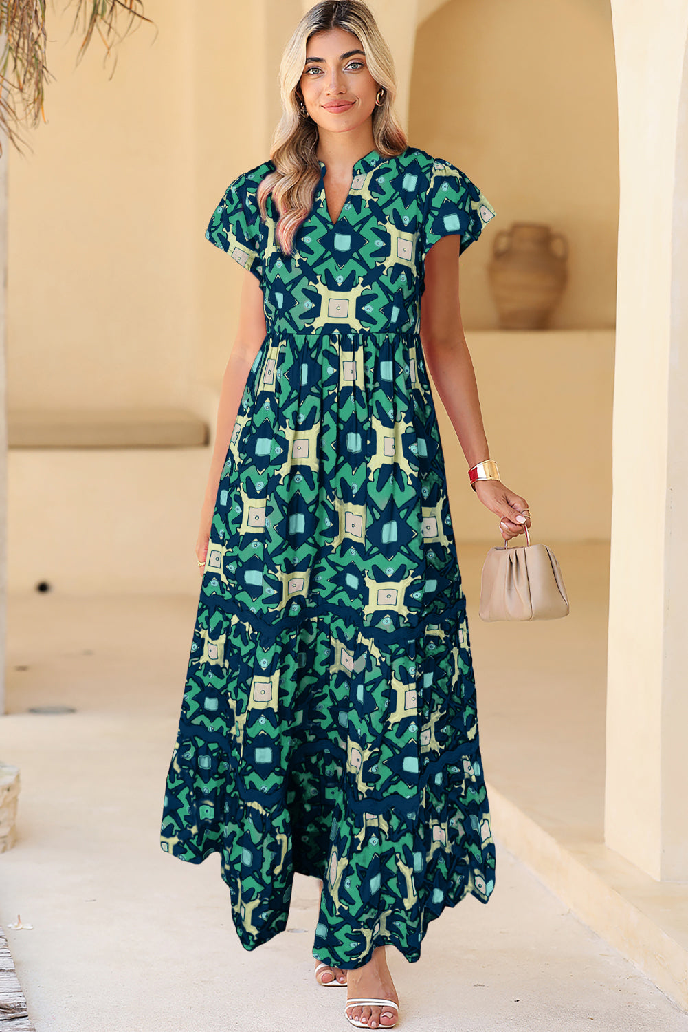 Sea Green Abstract Print Pleated Flounce Sleeve Maxi Dress - Sluxe Fashions