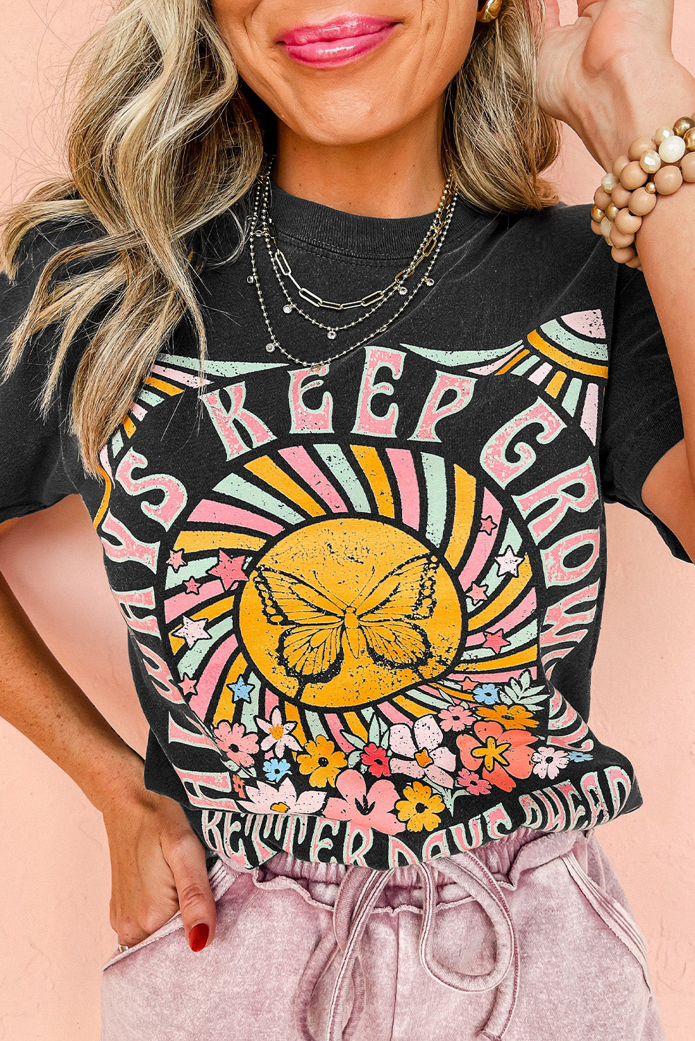Black Always Keep Growing Butterfly Flower Graphic Tee - Sluxe Fashions