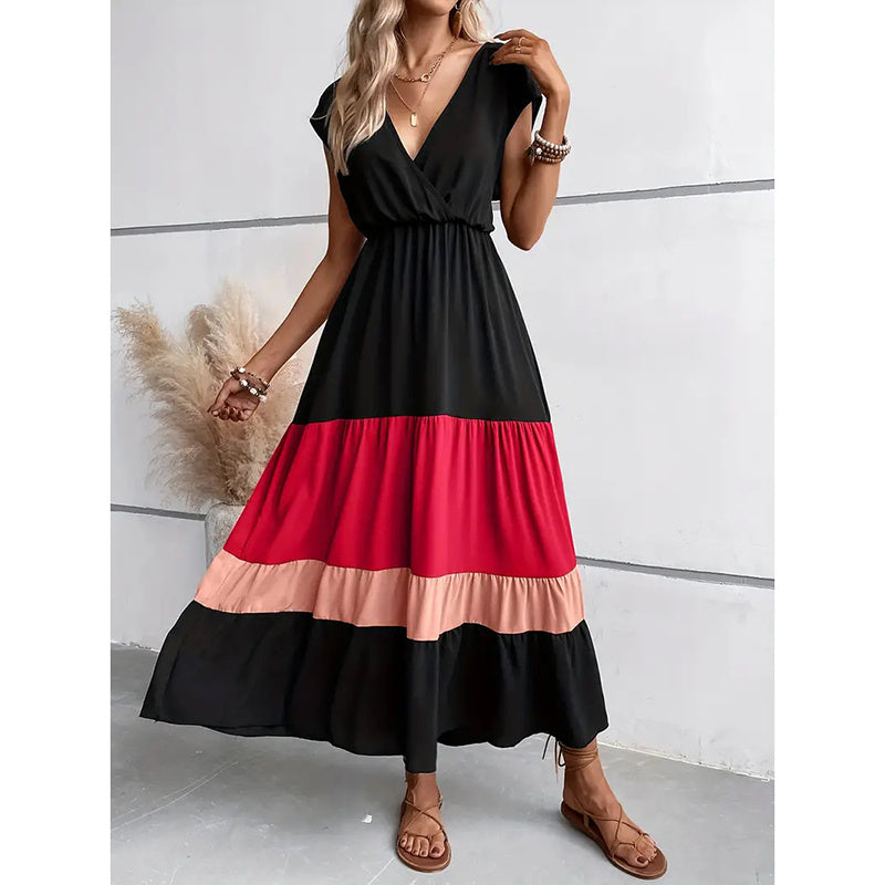 Women's Color Block Maxi Dresses V Neck Sleeveless Tiered Casual Dresses Loose Sundress Sluxe Global