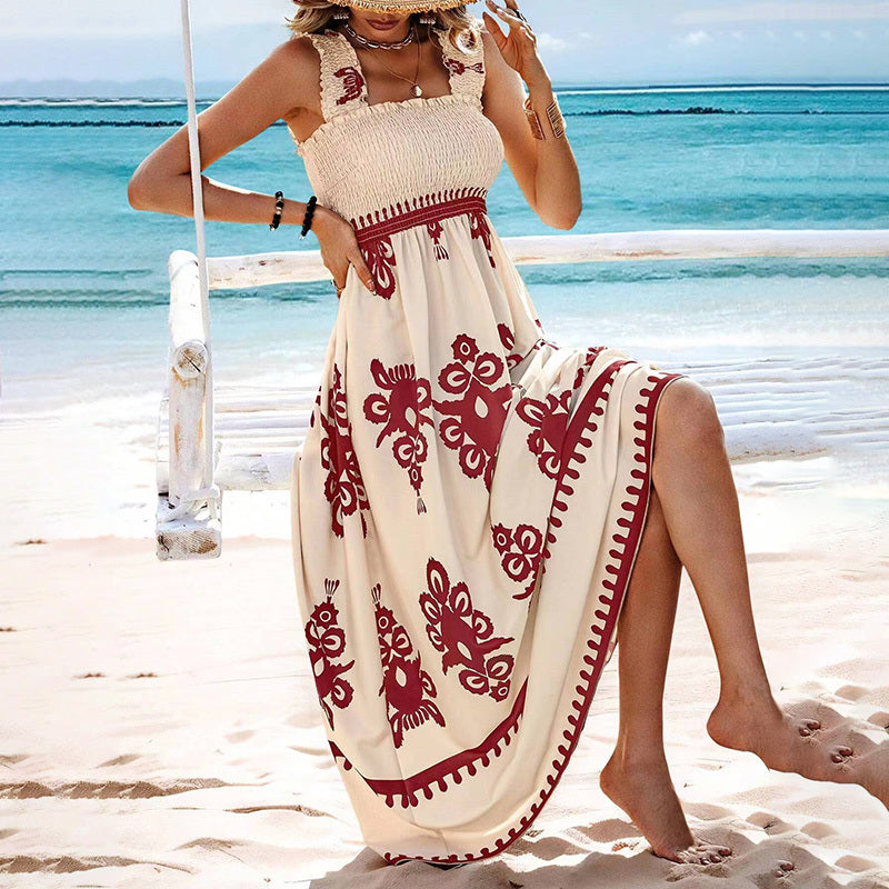 Women's Wide Strap Printed Maxi Dress With Bust Pleats, A-Line Vacation Dress - Sluxe Global