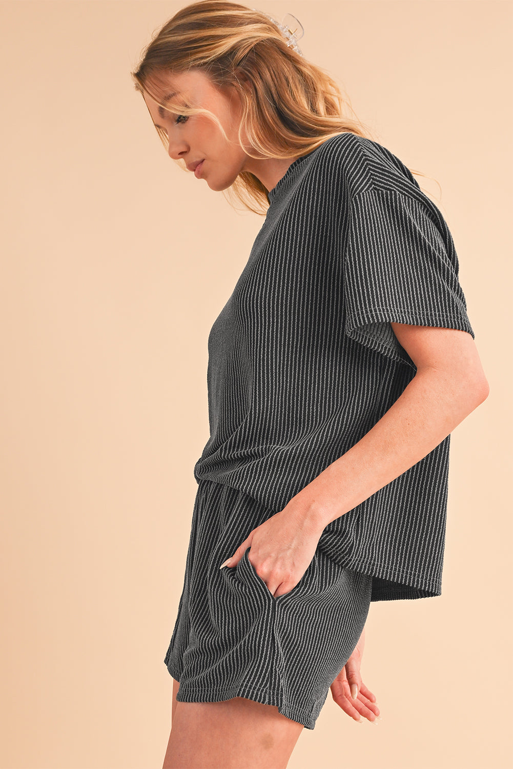 Orange Ribbed Textured Loose Fit Tee & Shorts Set - Sluxe Fashions