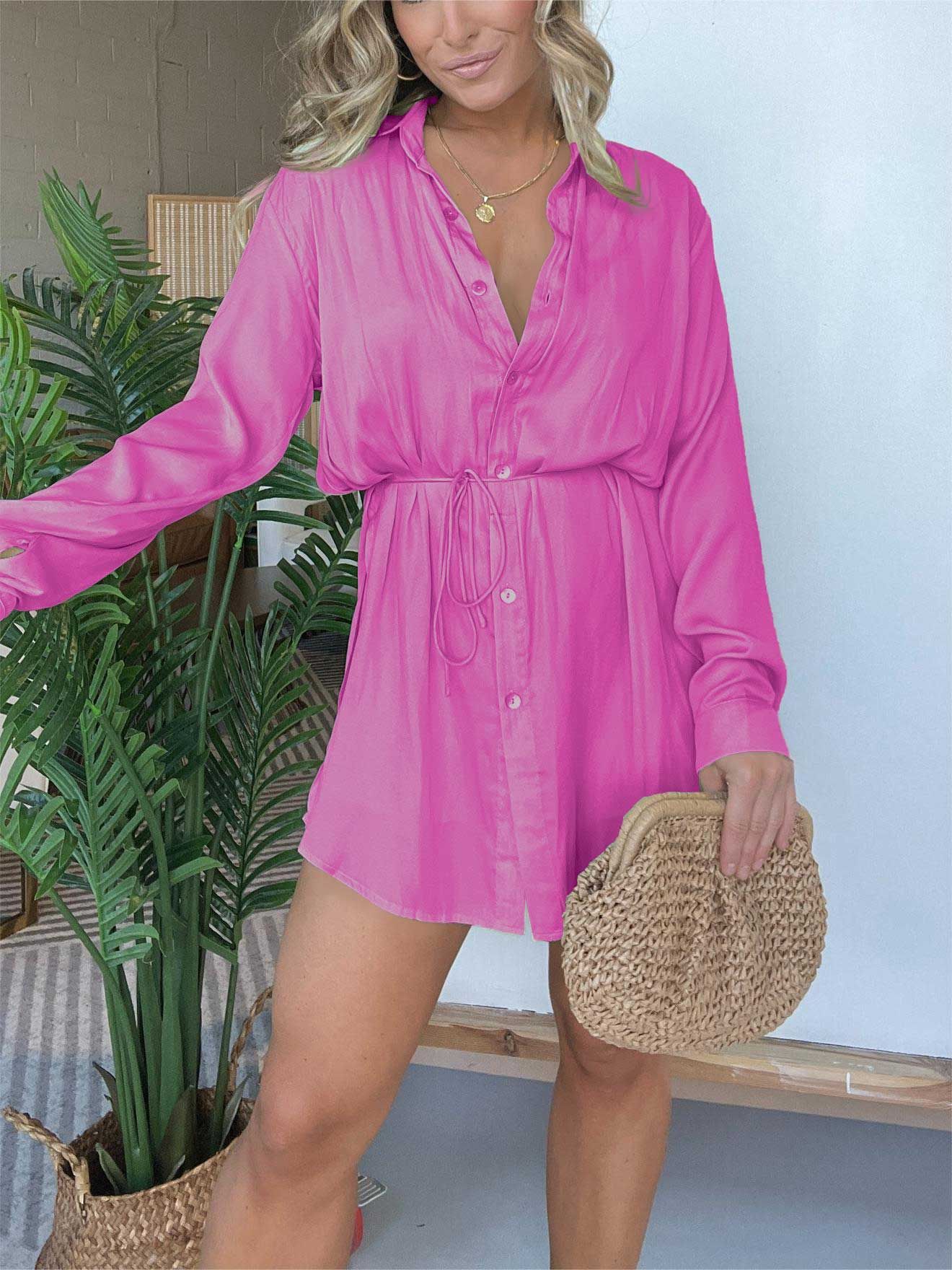 Women's Long Sleeve Jumpsuit With Button Fashion Shirt Dress - Sluxe Fashions