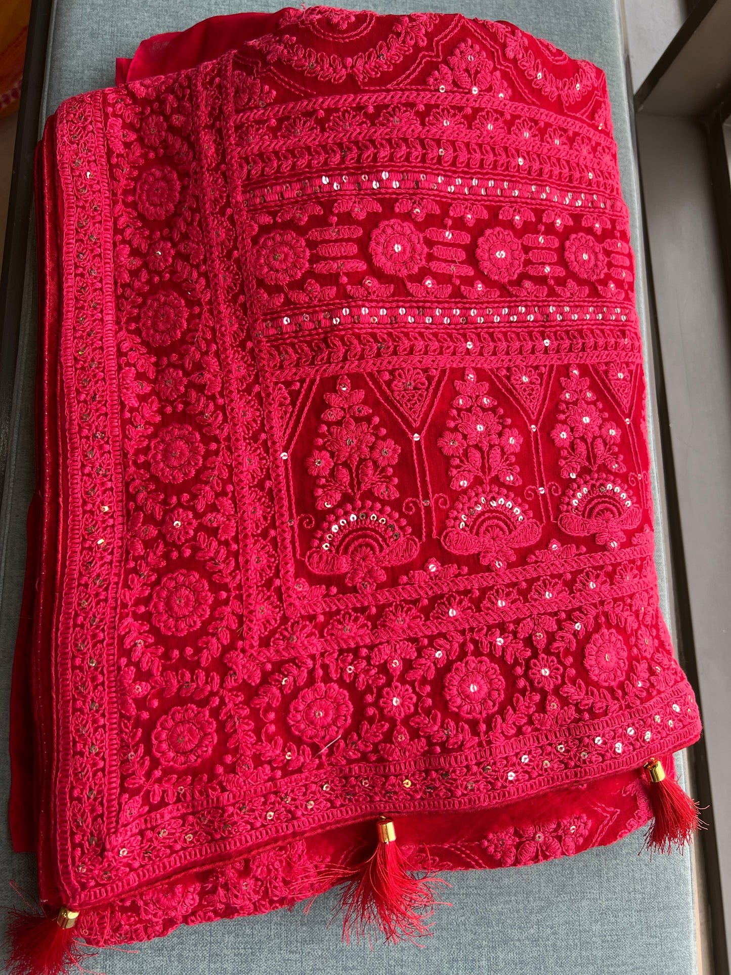 Red Saree Chikankari saree Indian sari blouse - Sluxe Fashions