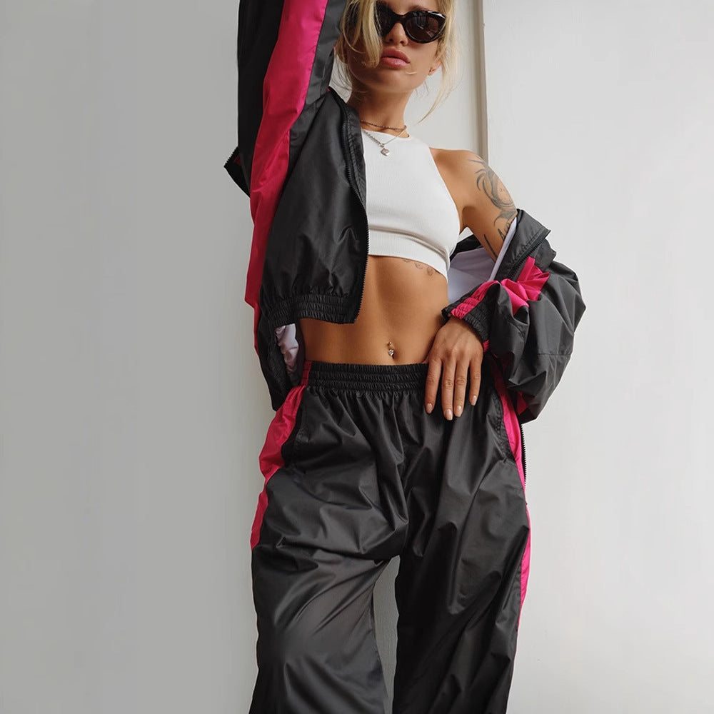 Casual Loose Color Matching Long Sleeve Zipper Cardigan Sports Suit - Sluxe Global