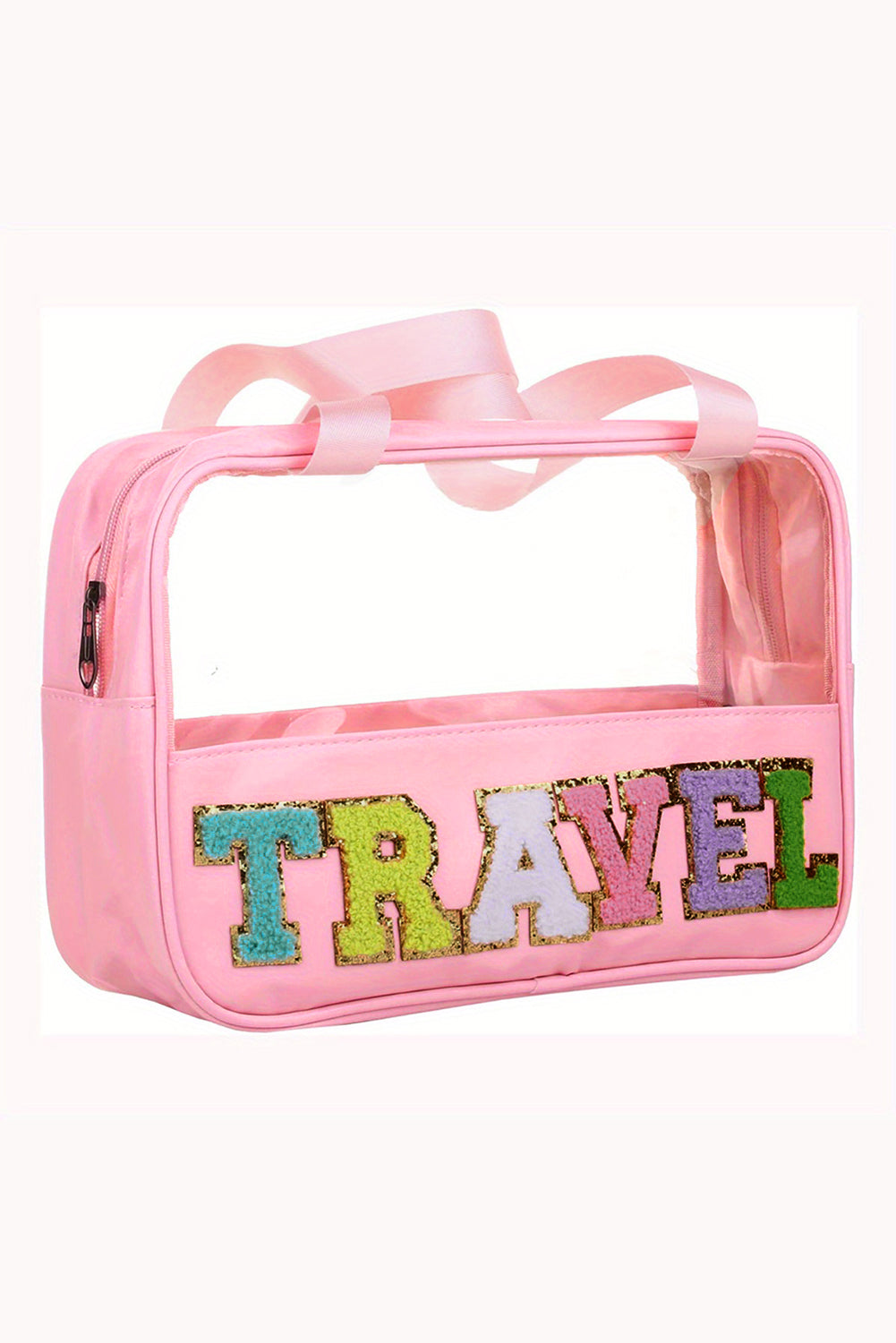 Black TRAVEL Chenille Letter Clear PVC Makeup Bag - Sluxe Fashions