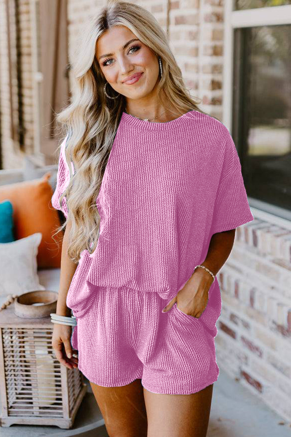 Orange Ribbed Textured Loose Fit Tee & Shorts Set - Sluxe Fashions