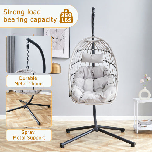 GRHeavy-Duty Iron Hanging Chair With Wicker Weave Single Person Swing For Indoor Outdoor Gray - Sluxe Global