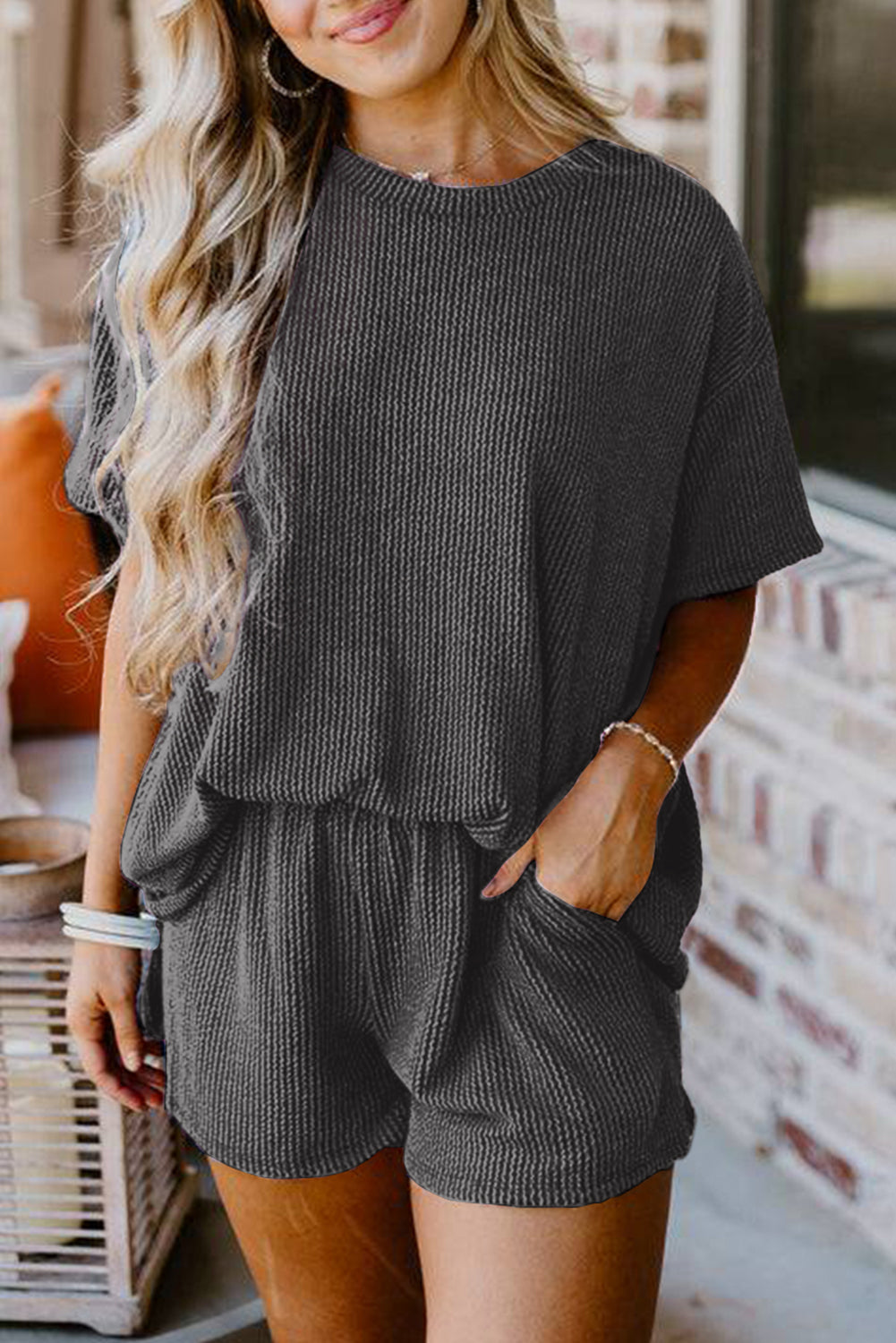 Orange Ribbed Textured Loose Fit Tee & Shorts Set - Sluxe Fashions