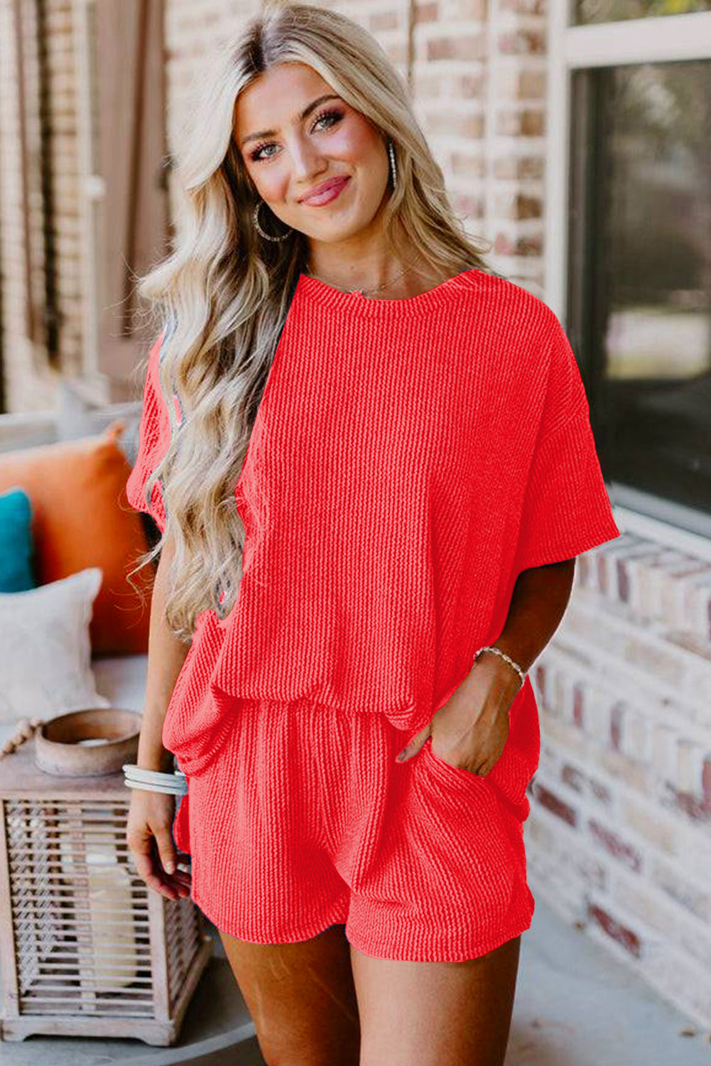 Orange Ribbed Textured Loose Fit Tee & Shorts Set - Sluxe Fashions
